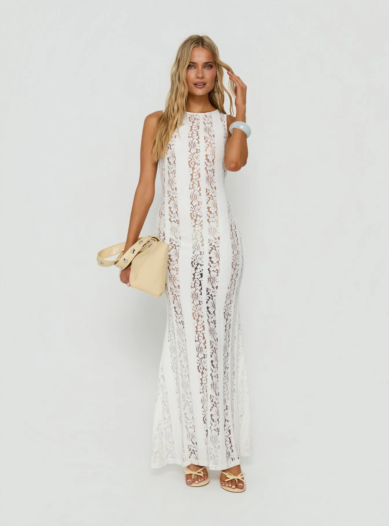 Laurenza Sheer Lace Maxi Dress Off White