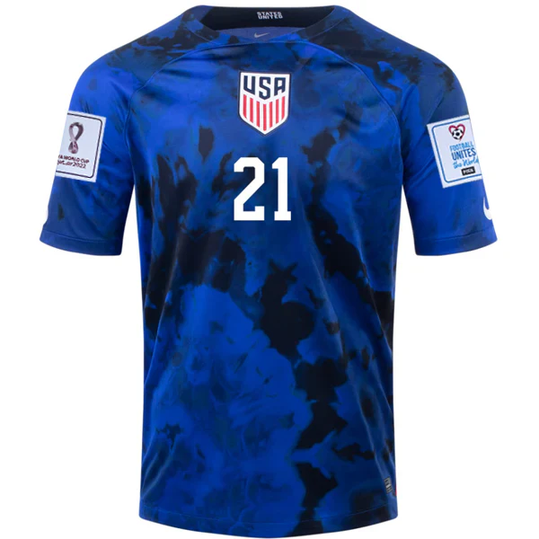 United States Timothy Weah Away Jersey 22/23 w/ World Cup 2022 Patches (Bright Blue/White)