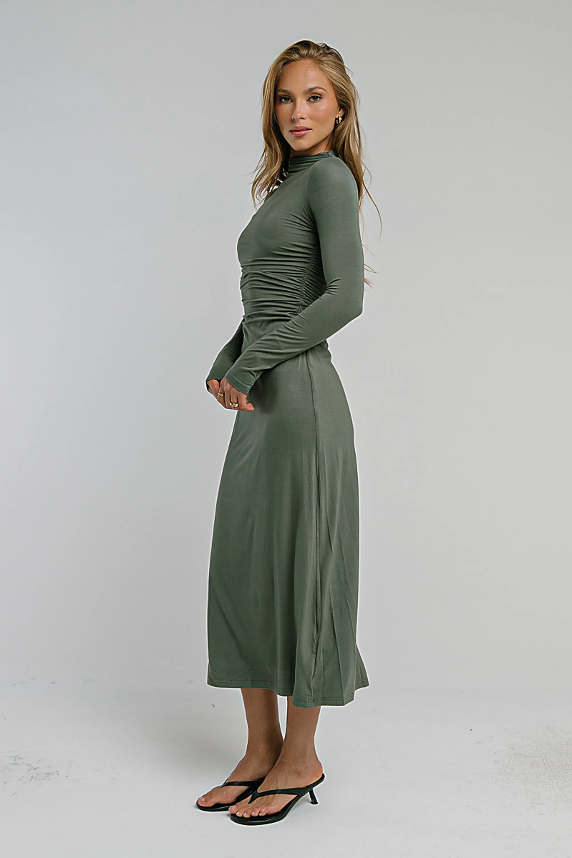 Ruth Ruched Midi Dress in Olive