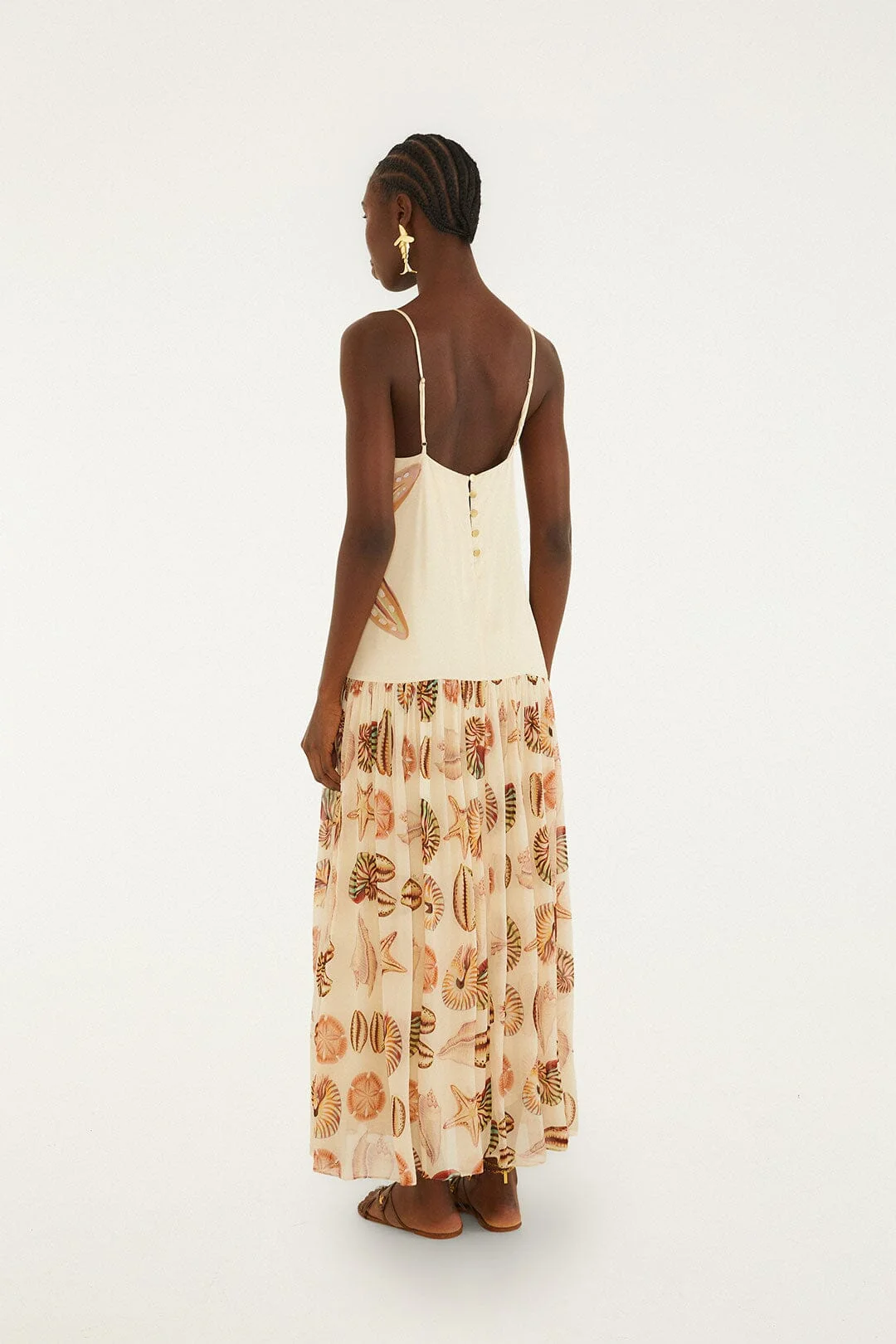 Sand Marine Shells Pleated Sleeveless Maxi Dress