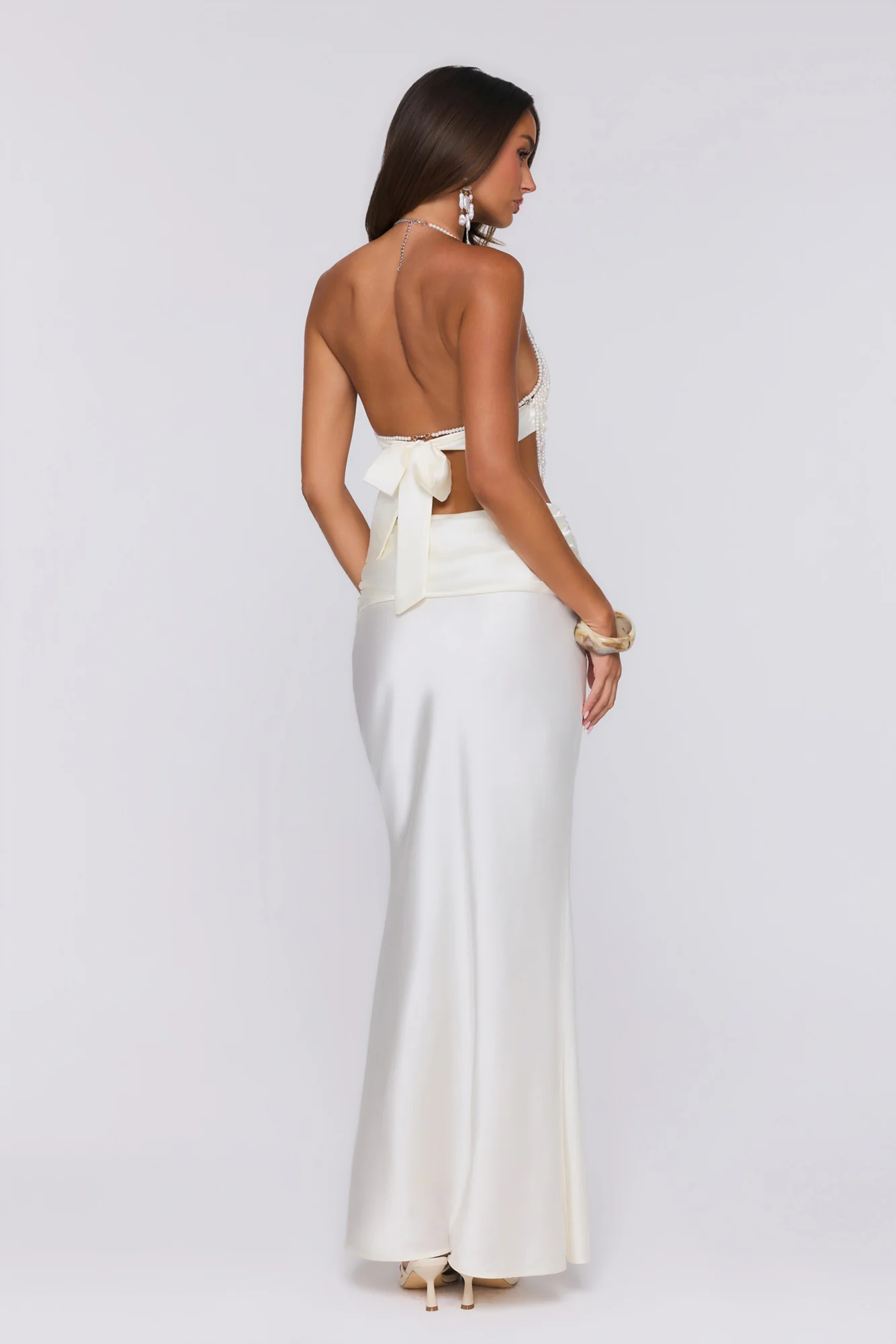 Sea Silky Pearl Beaded Halter Top Ecru White