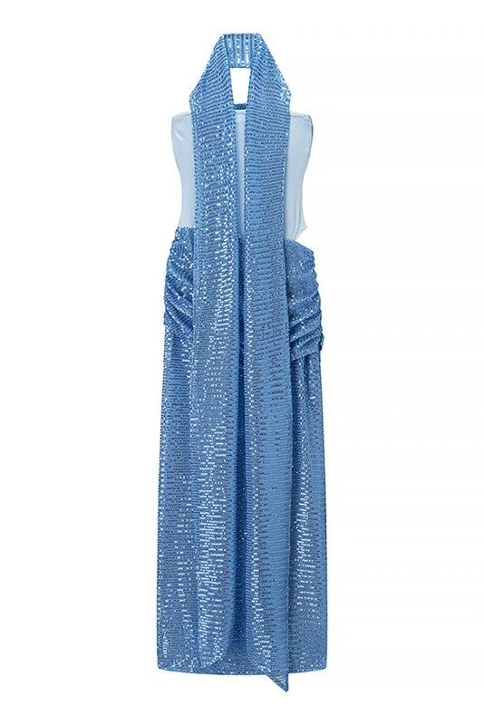 Blue Sequin Strapless Ruched Long Dress with Scarf