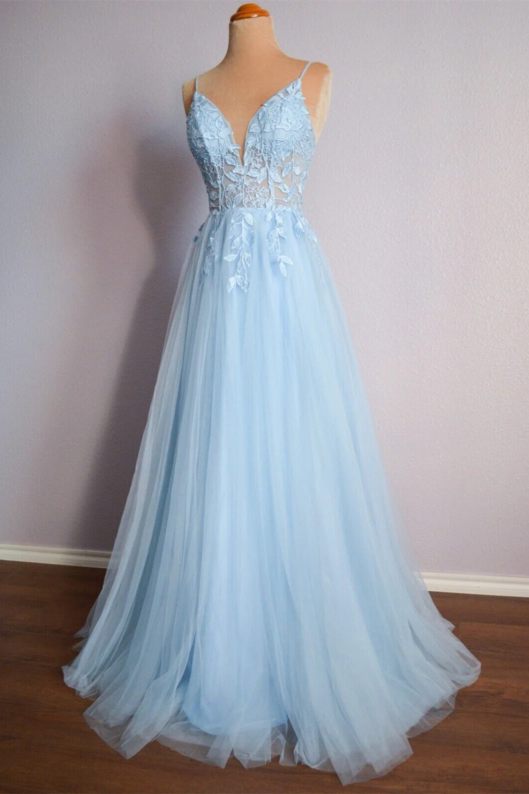 Straps Blue Lace Appliques A-line Long Formal Dress