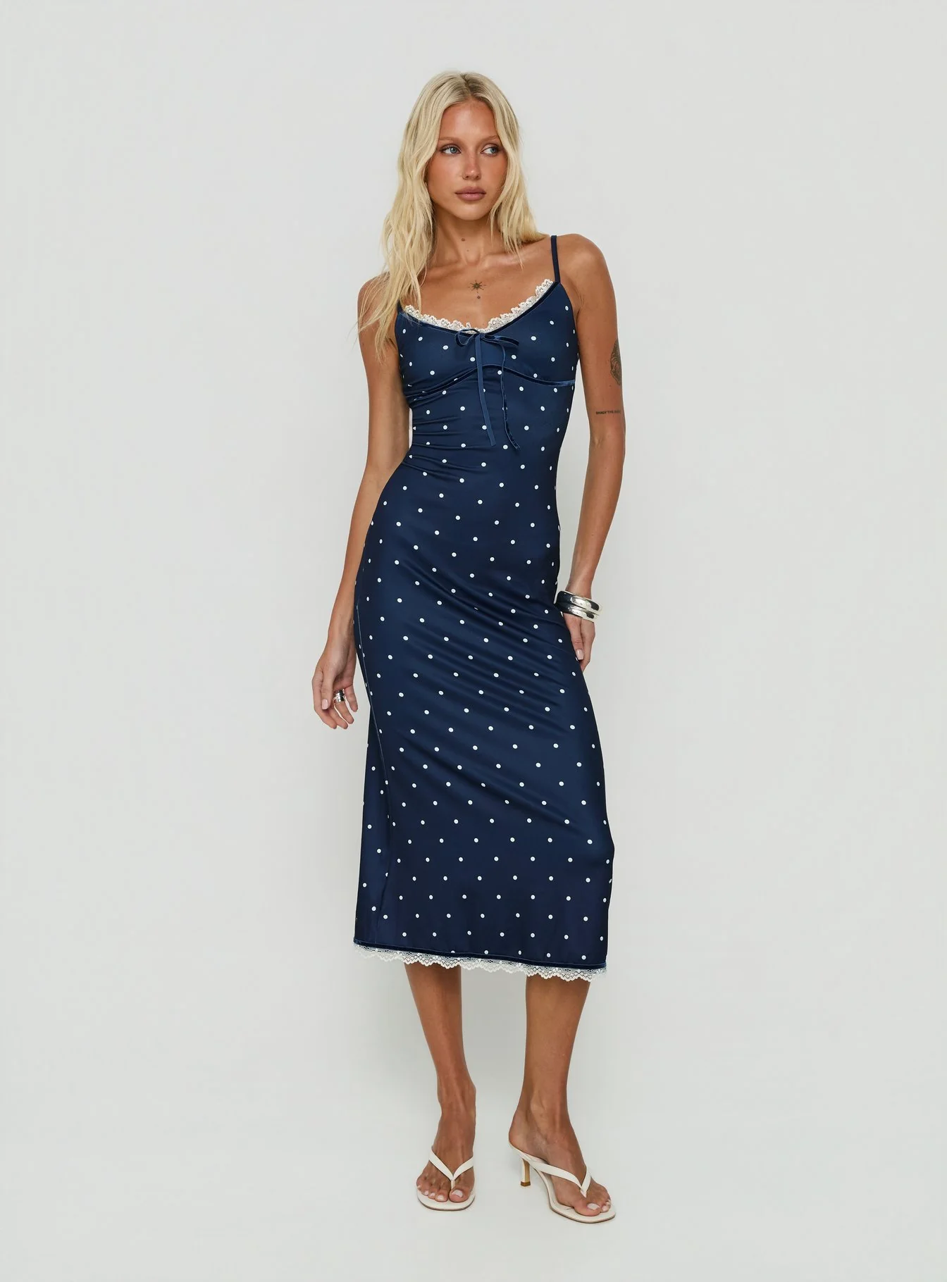 Delaney V Neck Frill Midi Dress Navy / White Polka