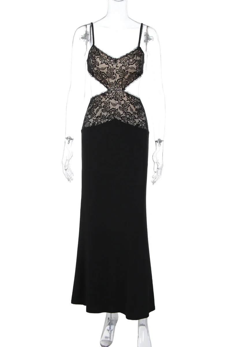 Black Lace Cutouts Fitted Long Dress