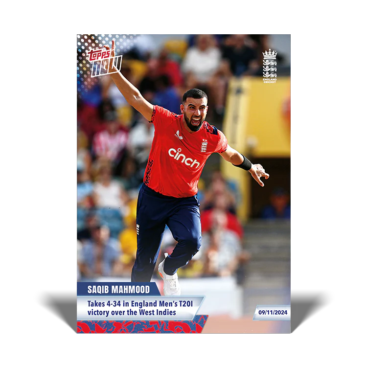 Saqib Mahmood - Takes 4-34 in England Men’s T20I victory over the West Indies - 23/24 ECB Topps NOW® Card 38