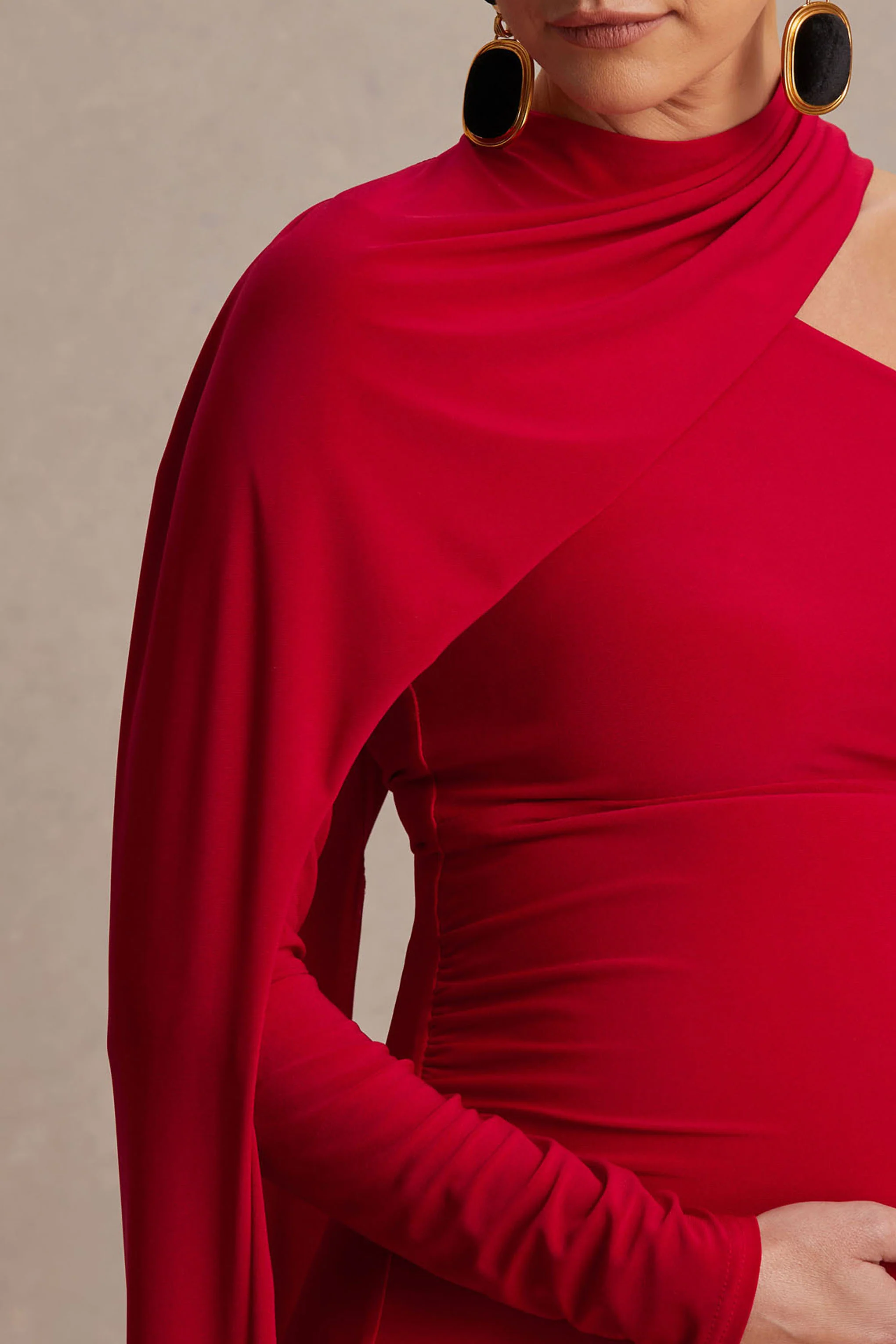 Tessy | Red Asymmetric-Neck Maternity Maxi Dress With Cape-Sleeve