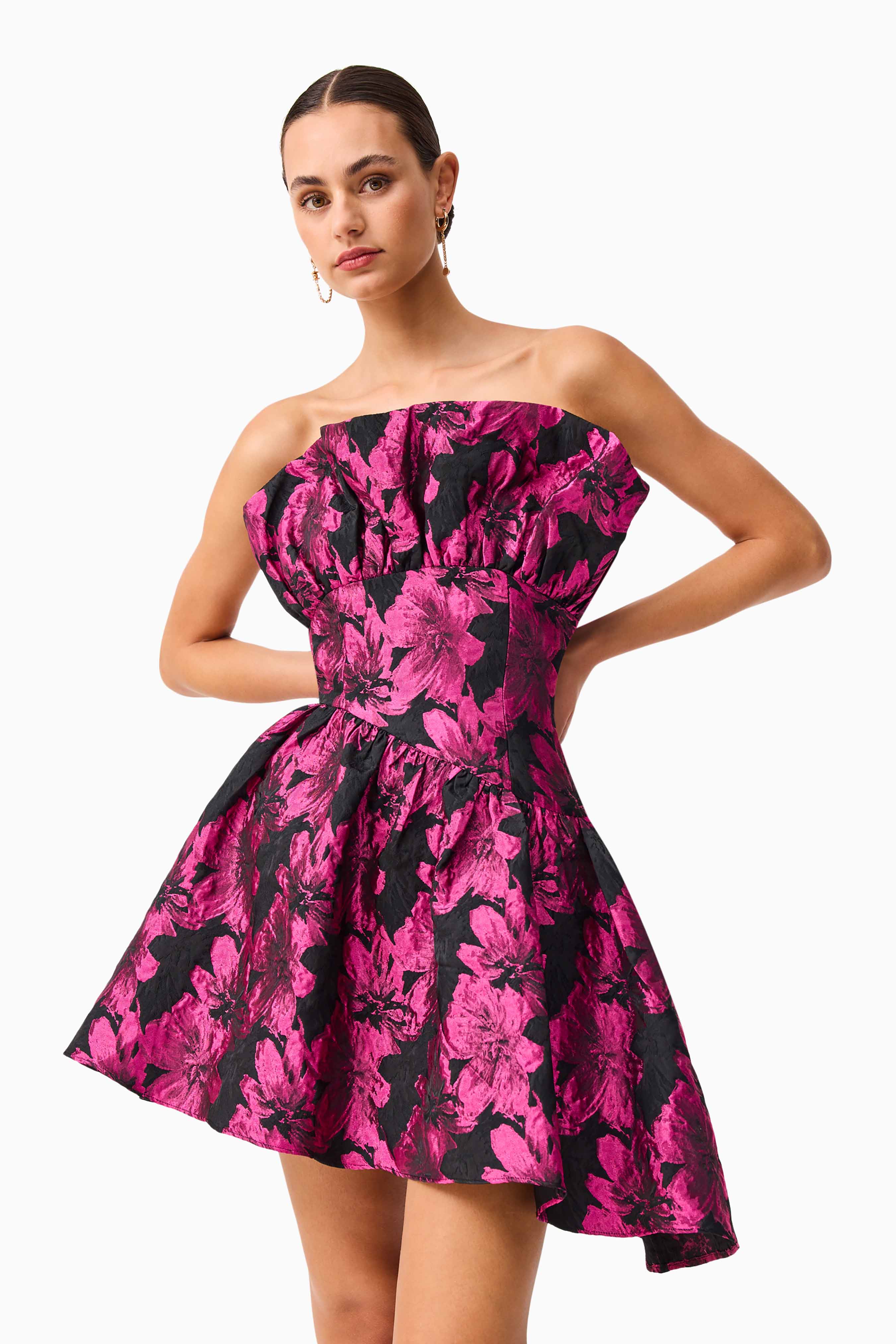 Holly Asymmetrical Mini Dress in Pink & Black Floral