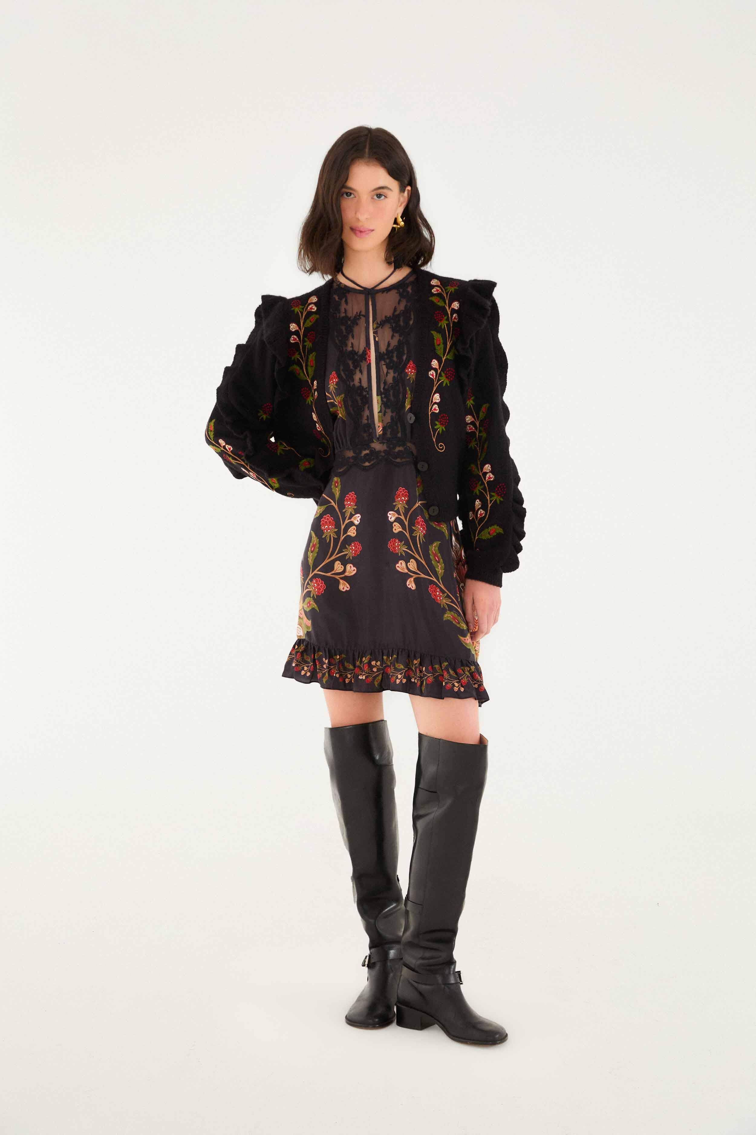 Black Berry Embroidery Knit Cardigan