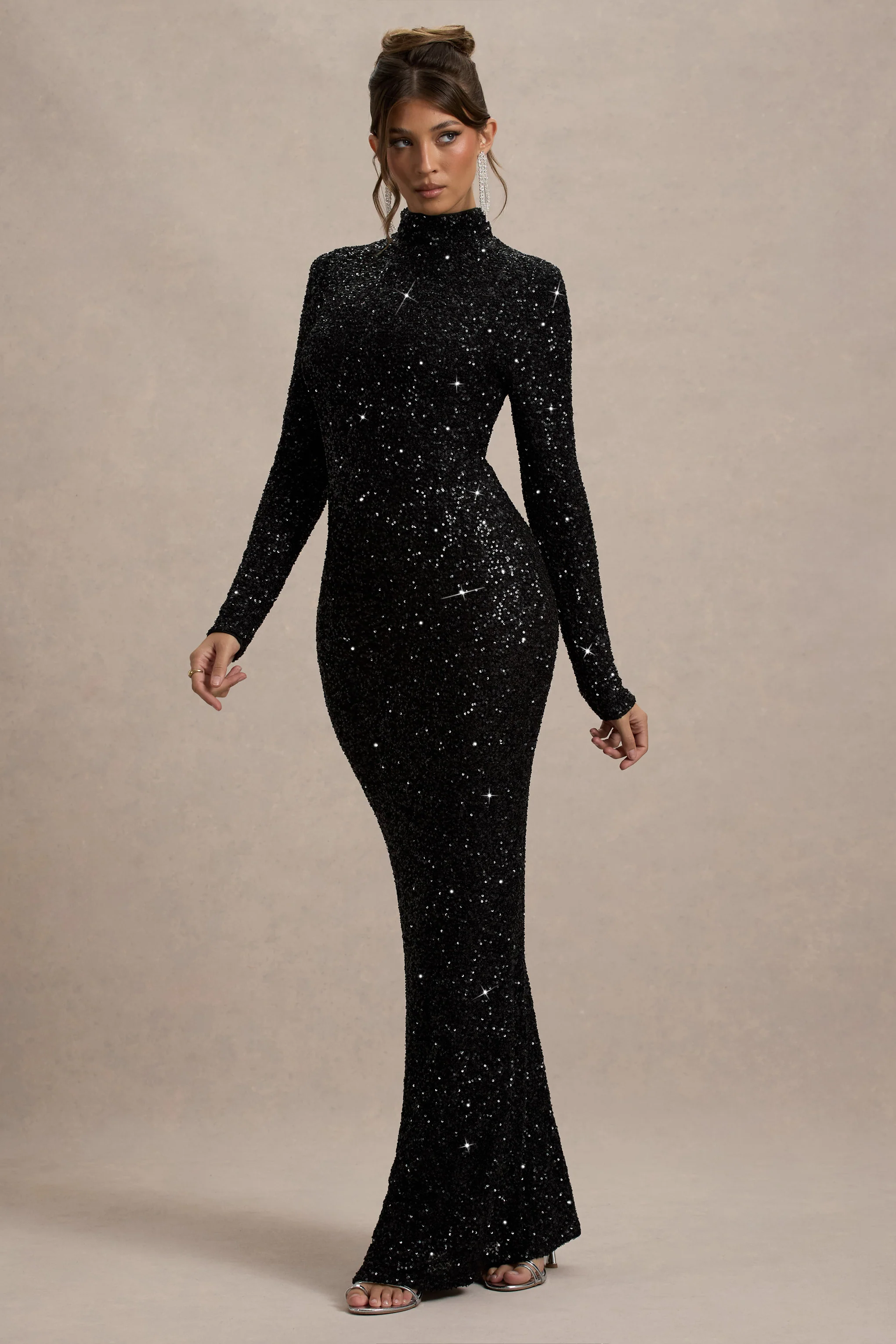 Galaxy | Black Sequin Turtle-Neck Long-Sleeve Maxi Dress