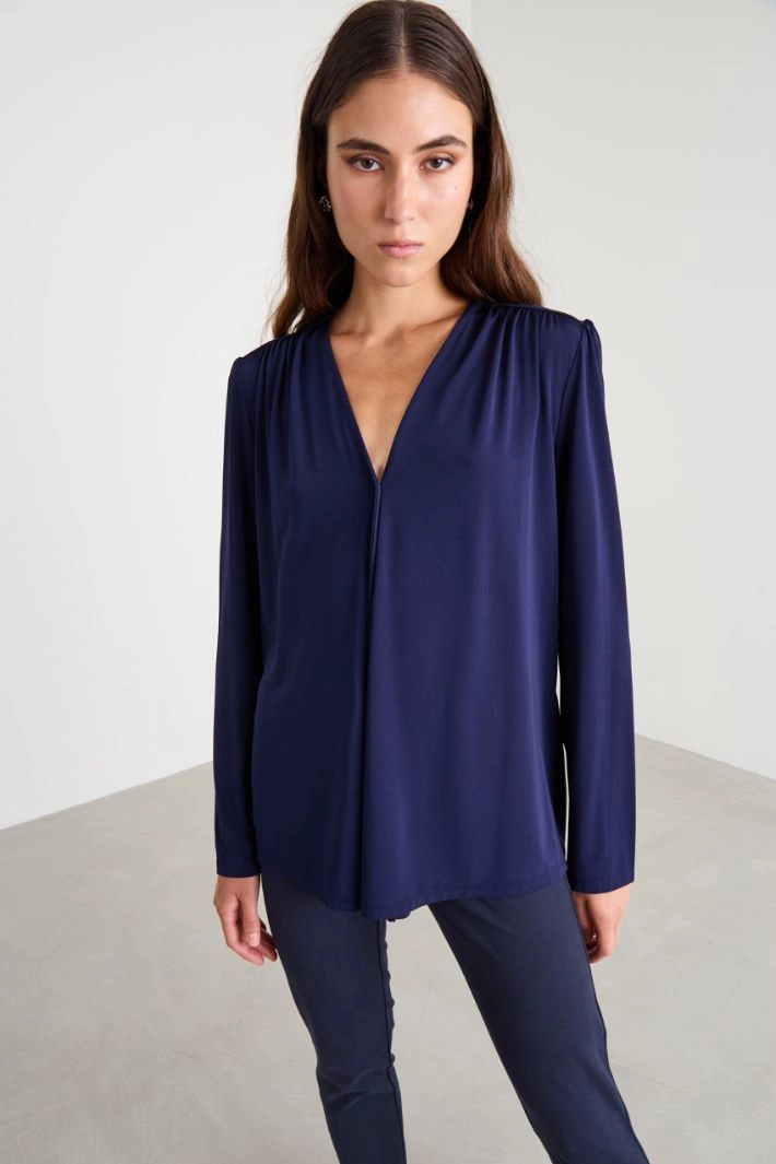 Blouse with ribbon and flower detail - BLUE