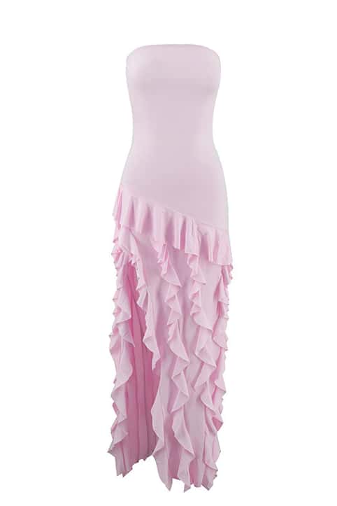Pink Strapless Ruffle Slit Long Dress