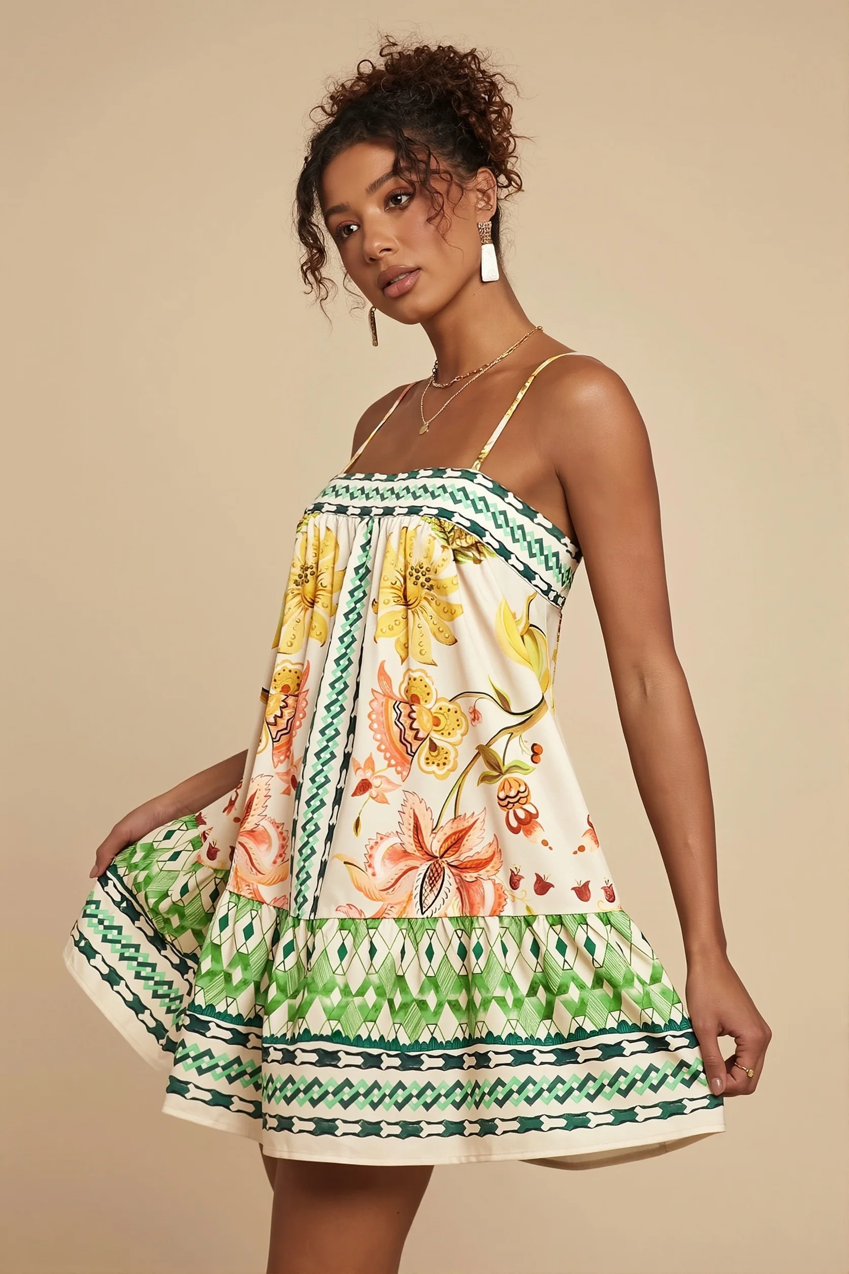 Palm Bird Print Loose Fit Cami Mini Dress