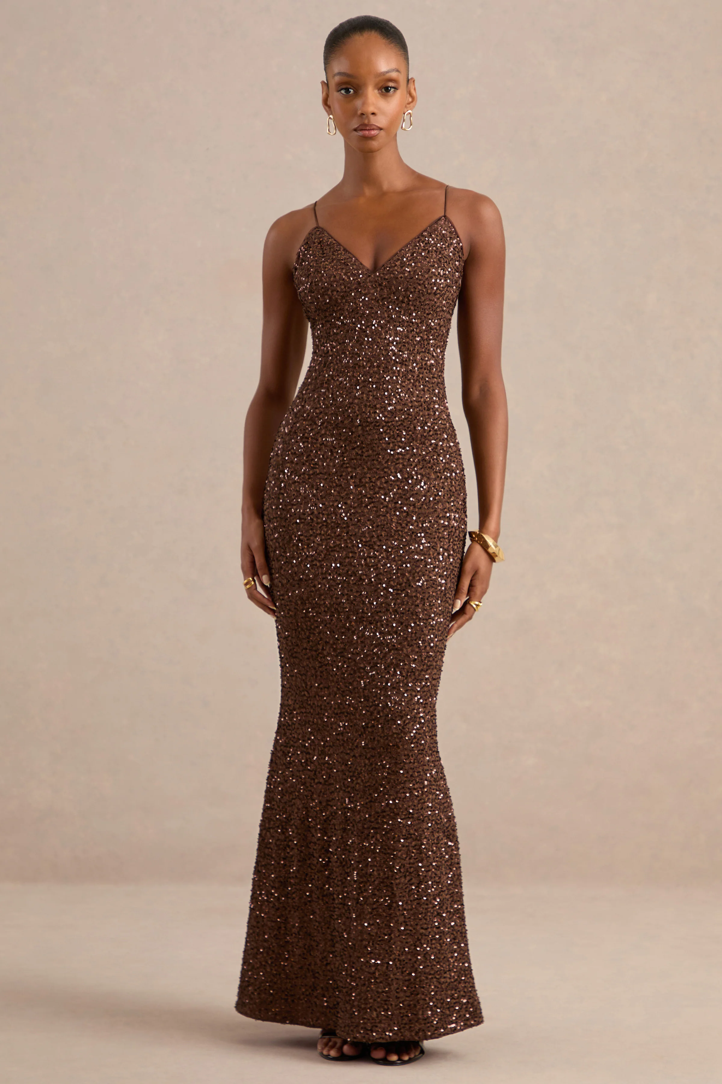 Madina | Brown Glitter Sequin V Neck Maxi Dress With Ruching And Low Back