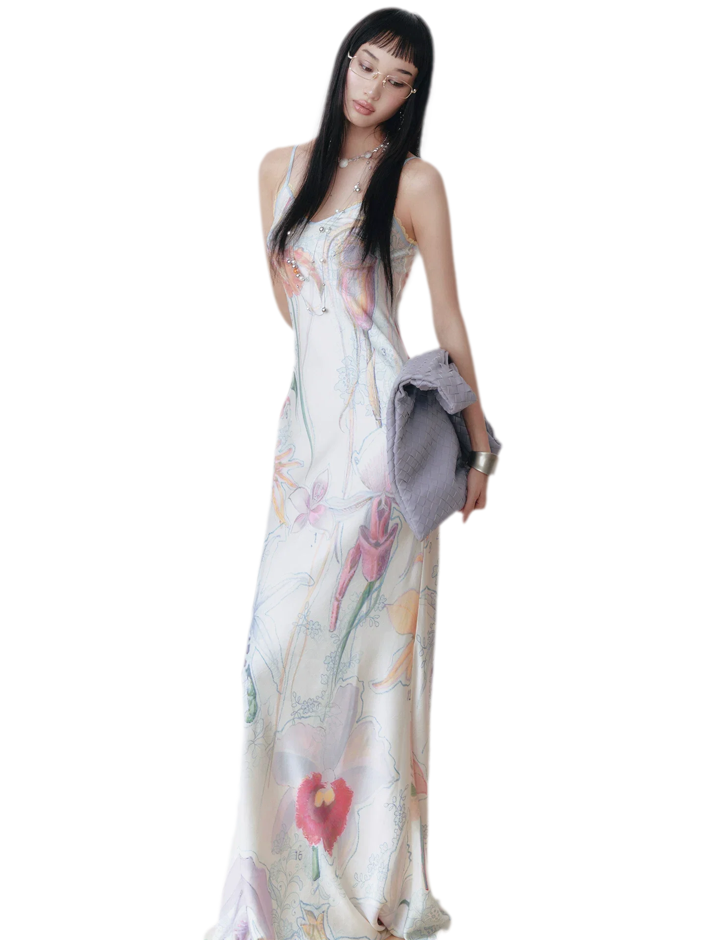 Botanical Print Bias-Cut Camisole Long Dress