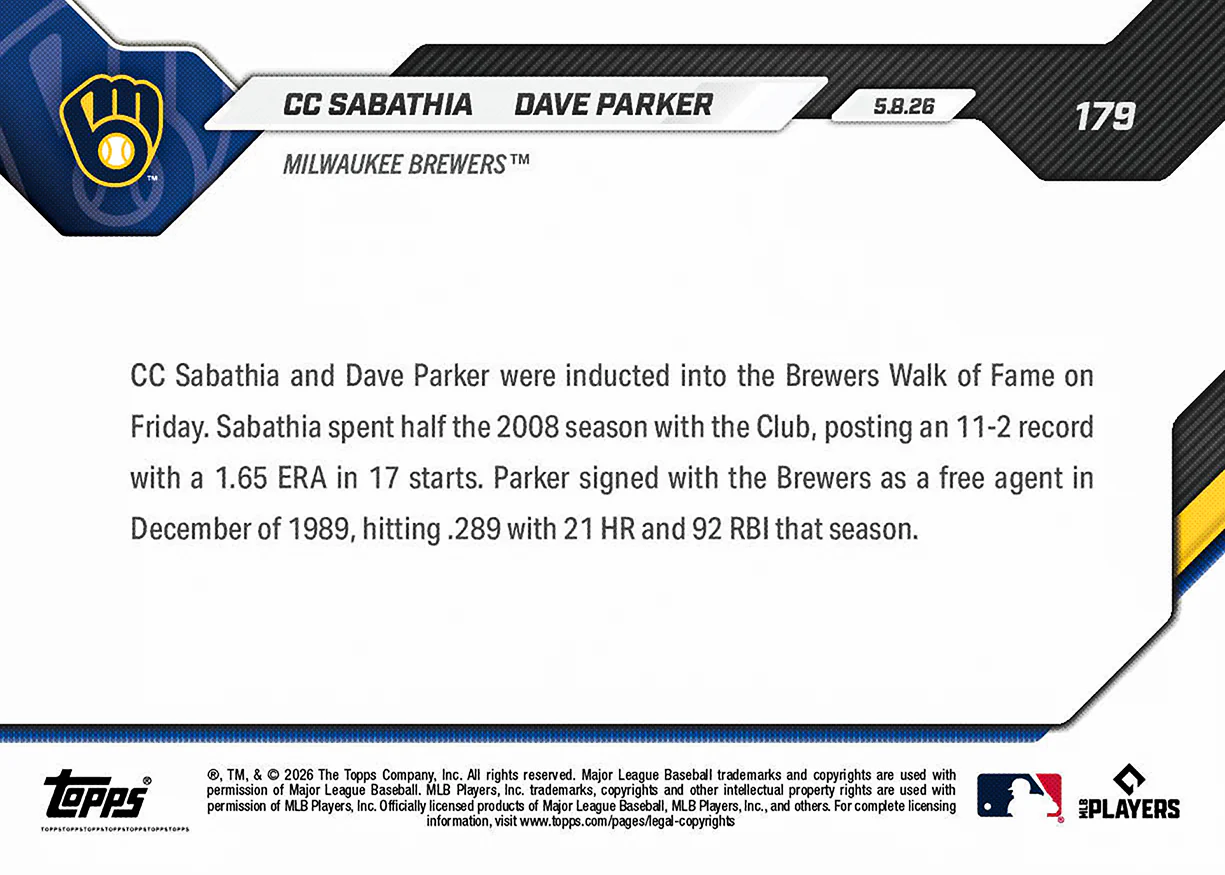 CC Sabathia/Dave Parker - 2026 MLB Topps NOW® - Card 179 - PR: 704