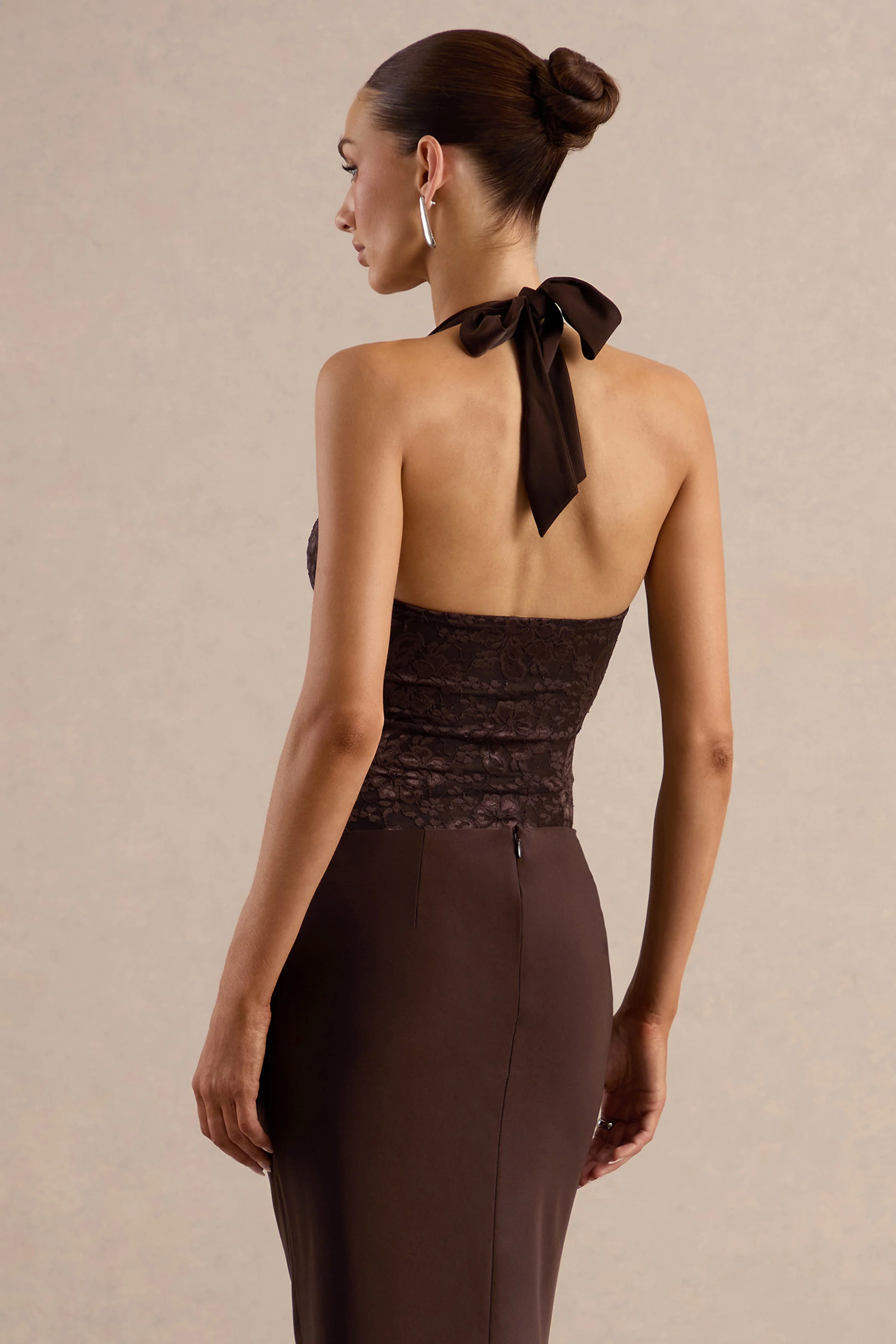 Serenea | Dark Brown Lace Sweetheart Neck Bodysuit With Satin Tie Back
