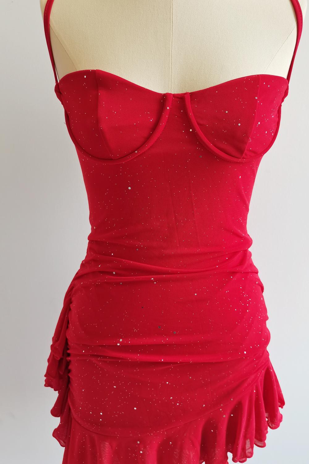 Straps Red Sparkle Fitted Dress with Ruffles