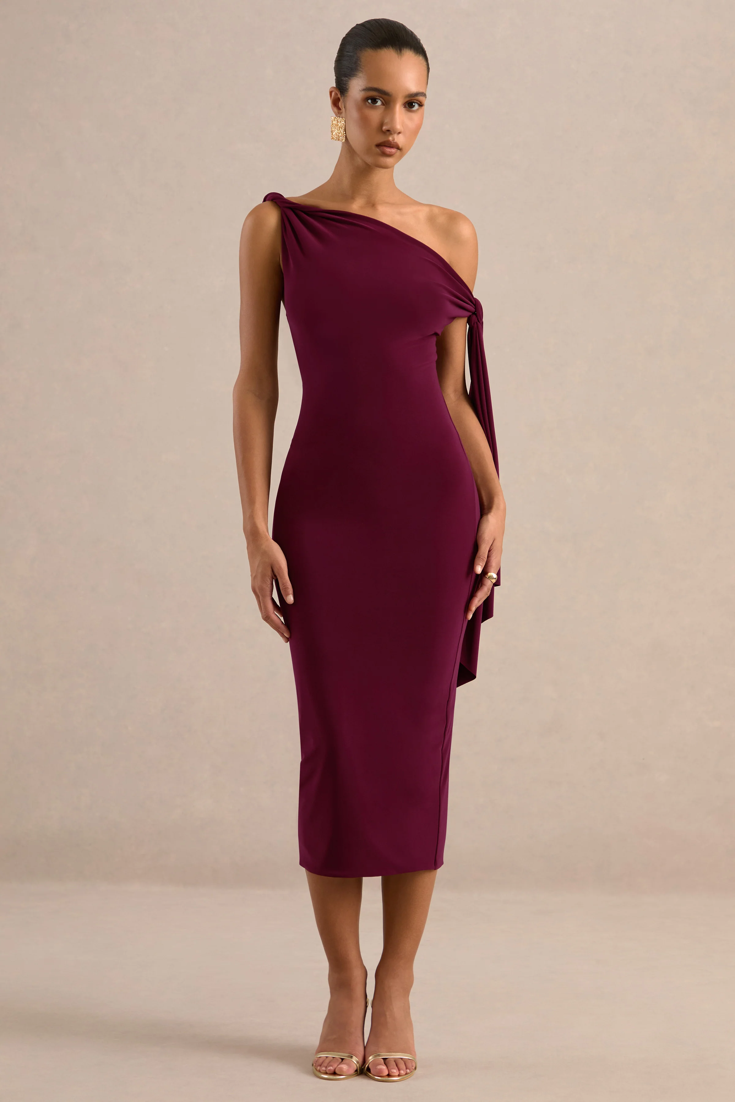 Arcelia | Burgundy Jersey One Shoulder Midi Dress With Twist And Knot Sash Detailing