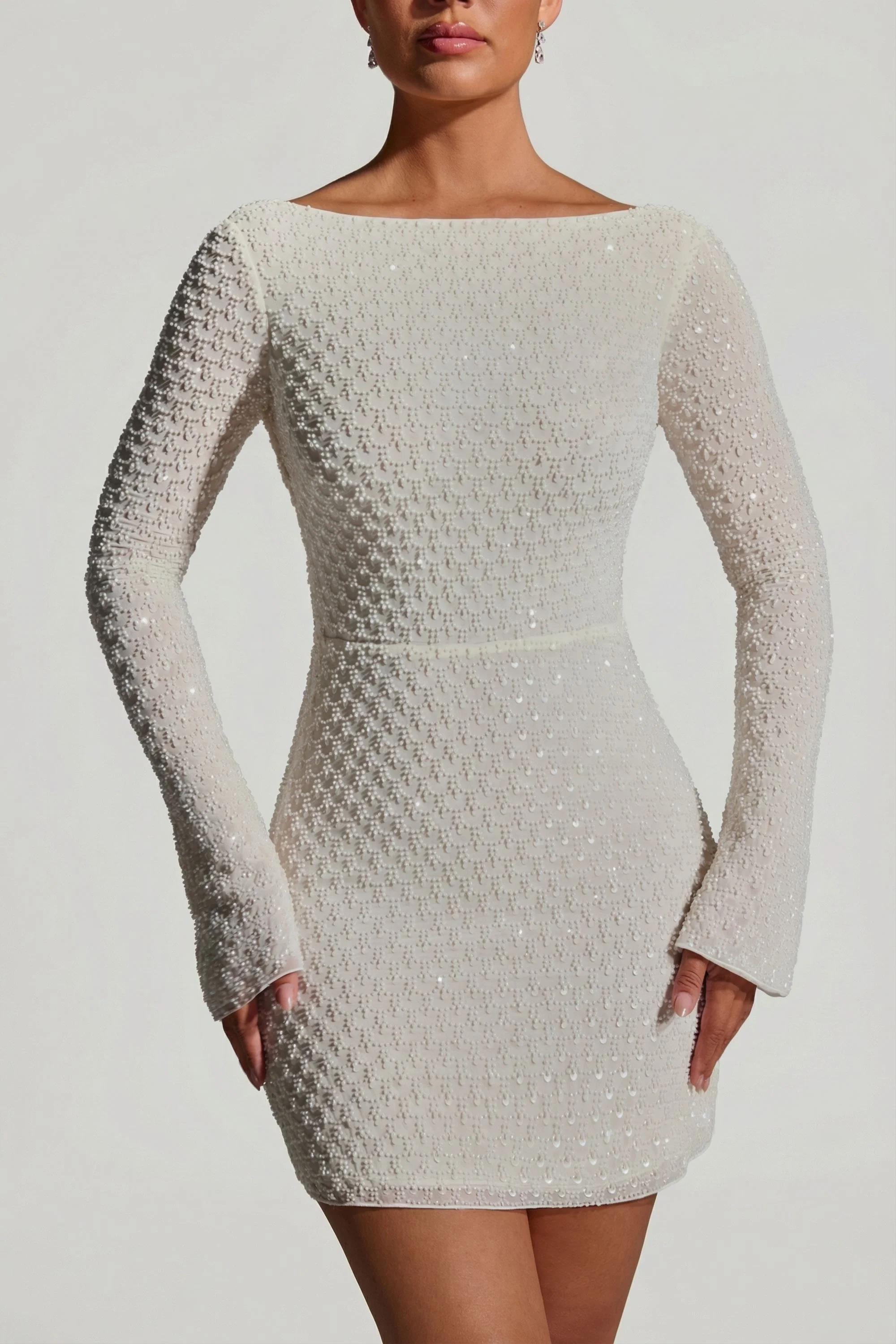 Embellished Open-Back A-Line Mini Dress in White