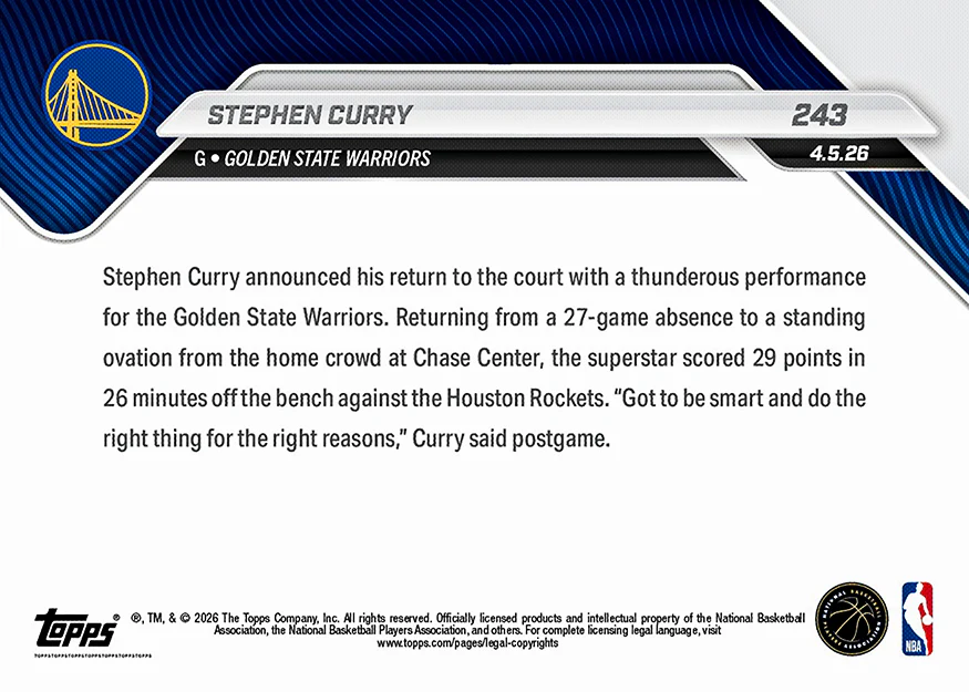 Stephen Curry - 2025-26 NBA Topps NOW® - Card 243