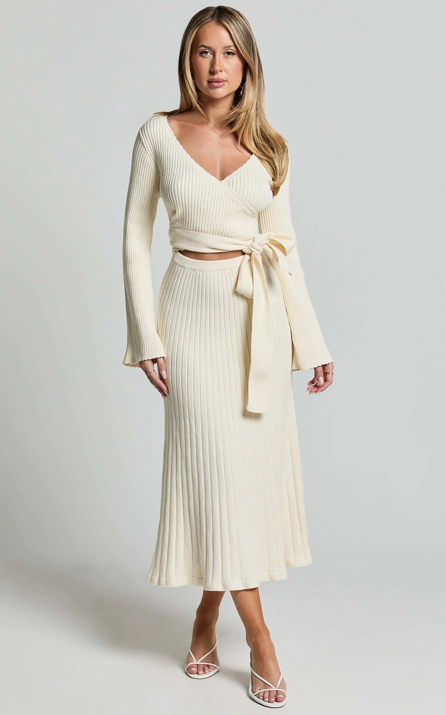 Andreia Midi Dress - Knitted Wrap Long Sleeve Dress in Cream