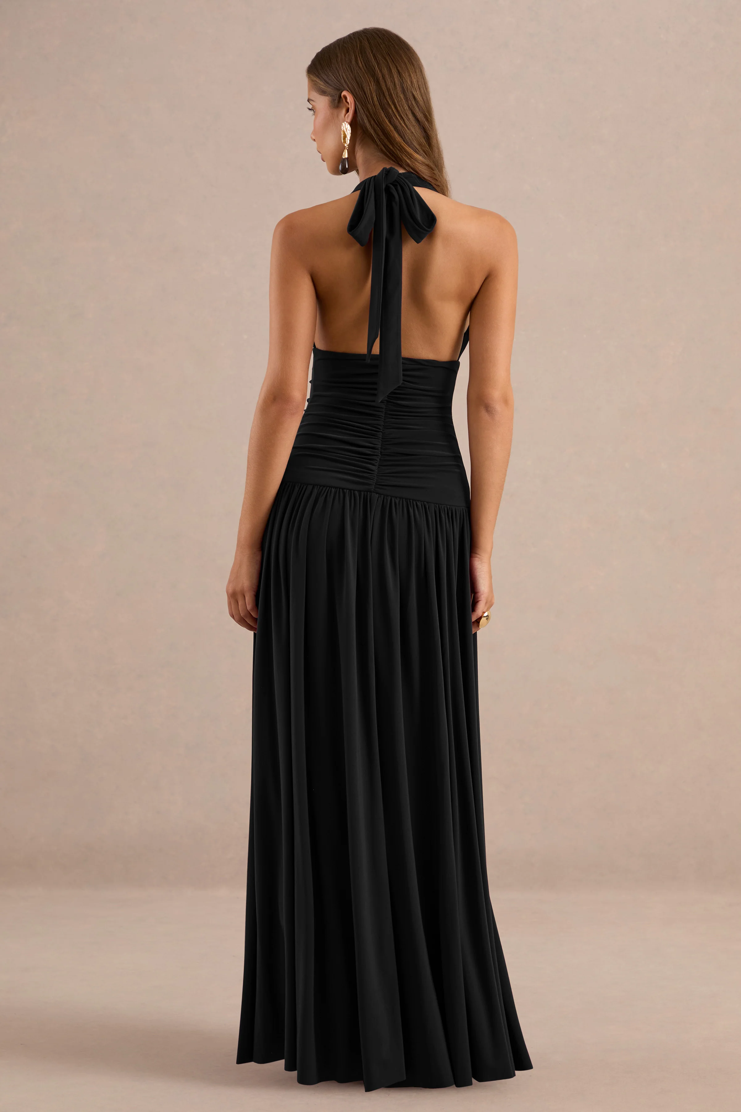 Bettina | Black Jersey Plunge Maxi Dress With Gathered Detailing And Tie Back