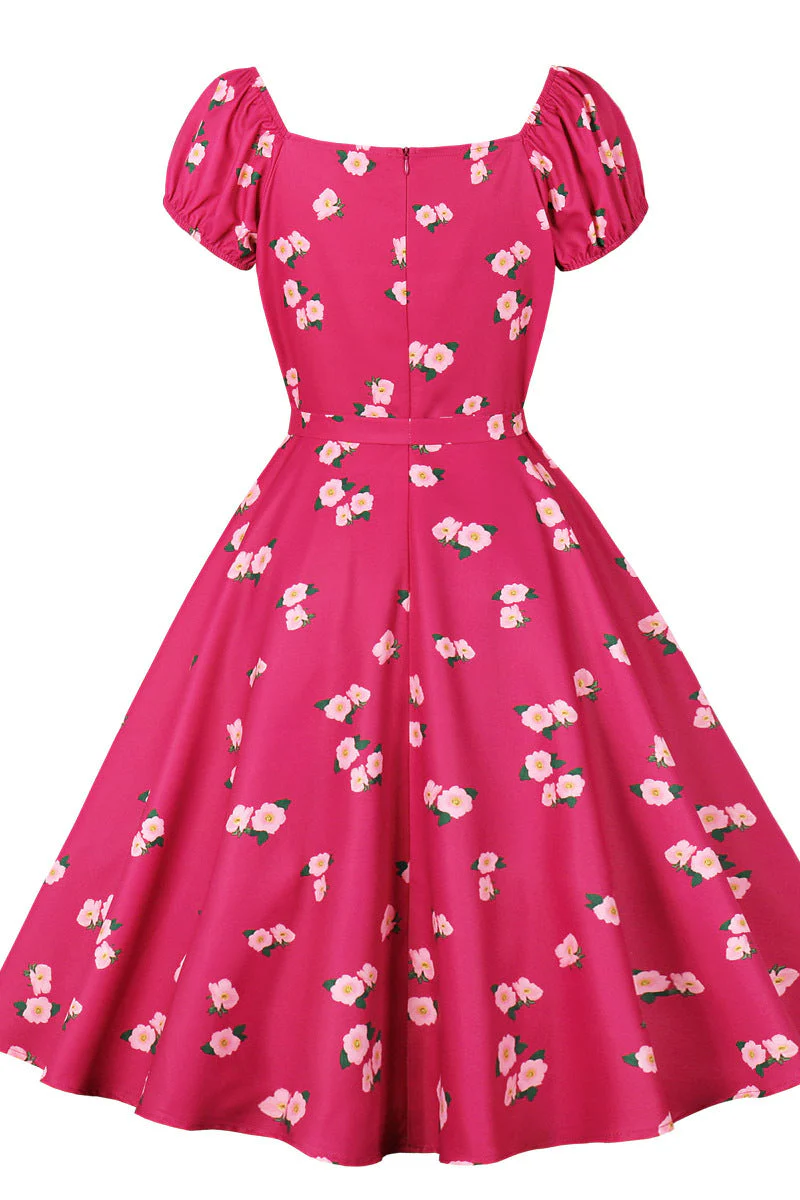Hot Pink Floral Sweet Swing Dress