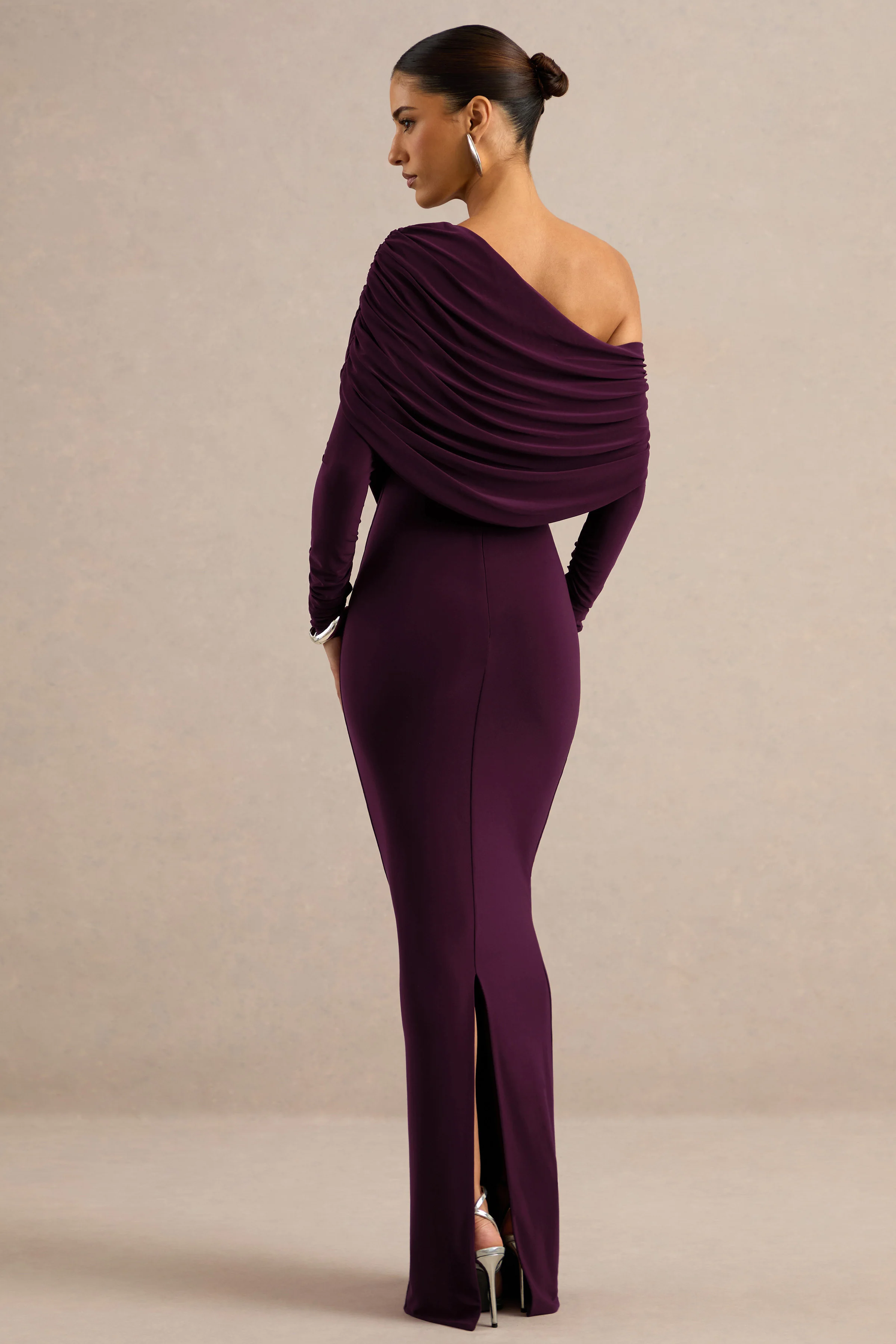 Cadia | Purple Jersey One Shoulder Long Sleeve Maxi Dress With Ruching