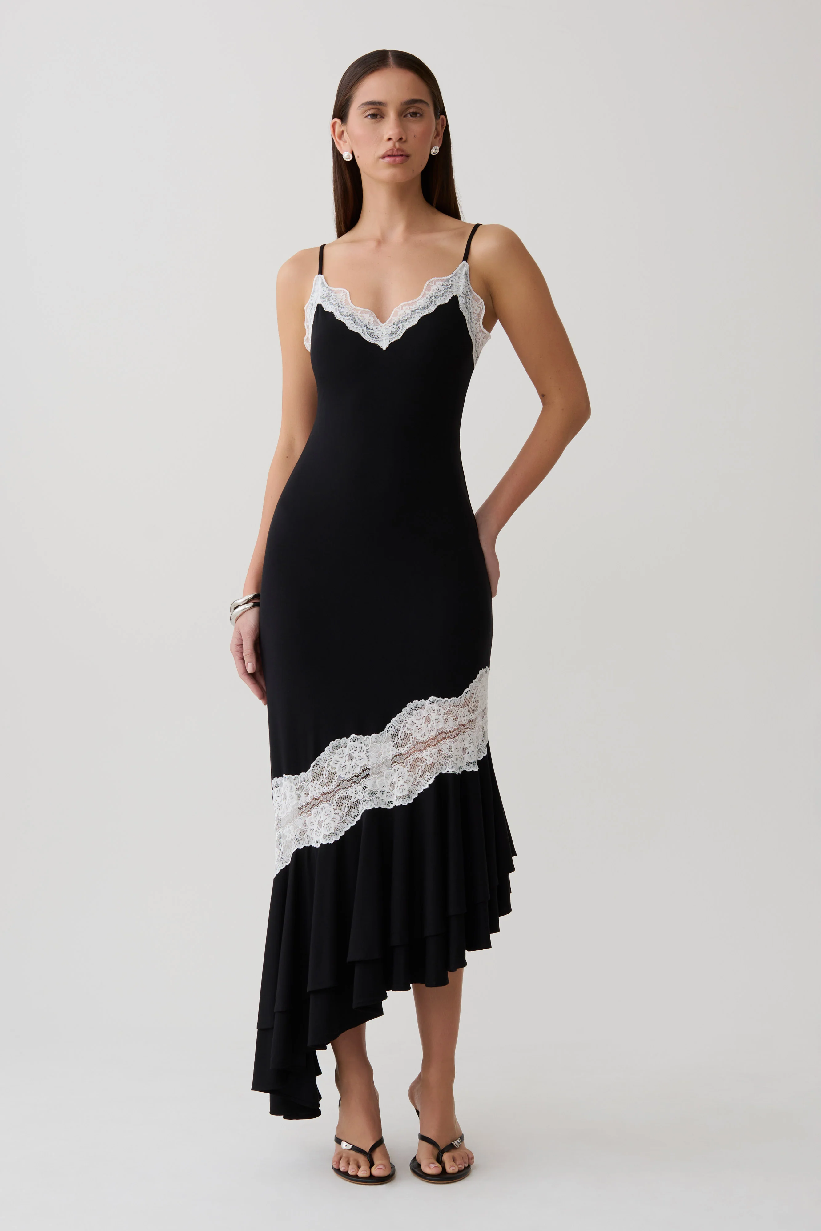 Annis Frilled Hem Lace Midi Dress - Black/White
