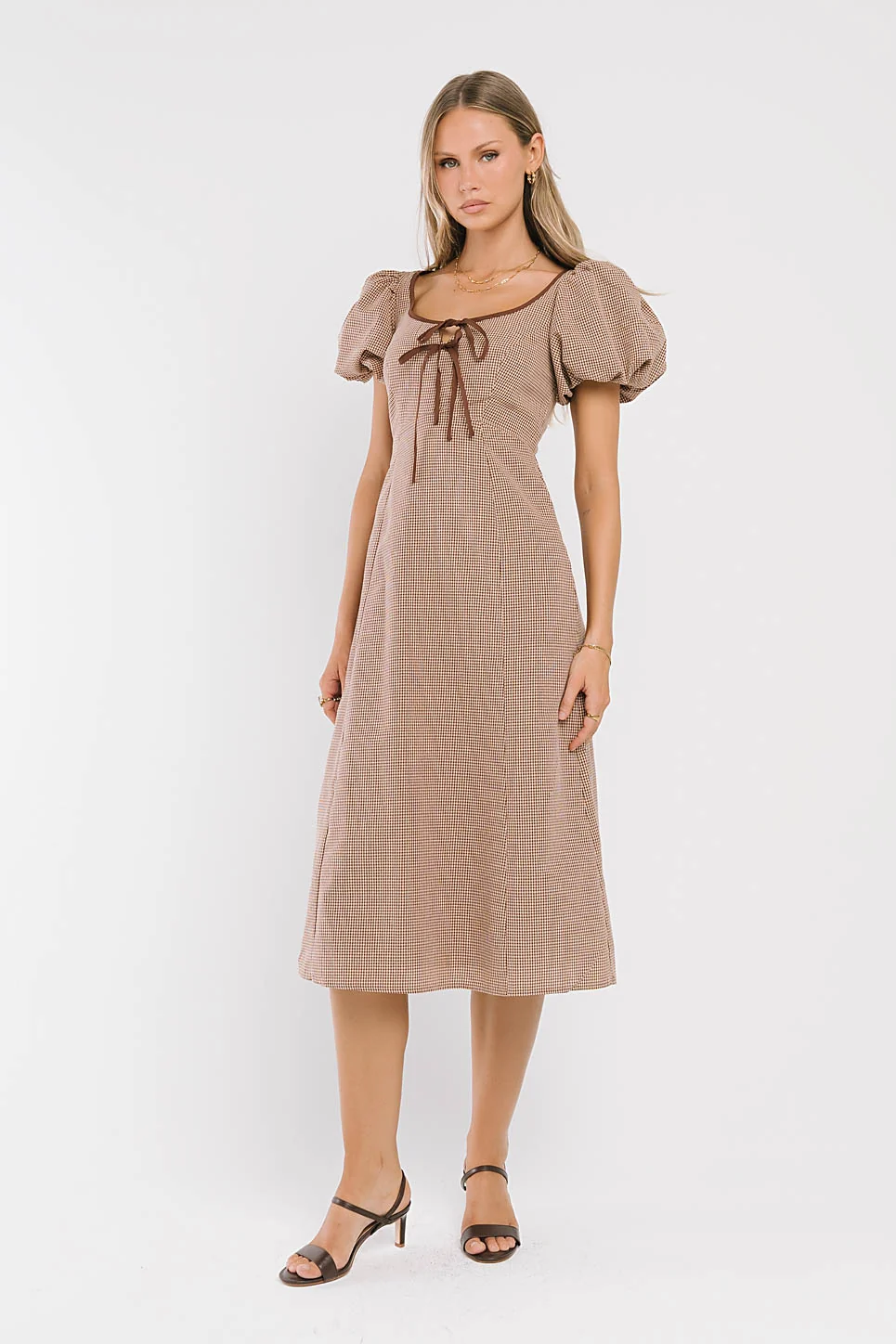 Elle Gingham Midi Dress in Tan