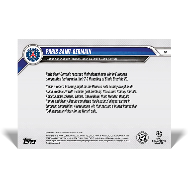 Paris Saint-Germain - Club Record: Biggest win in European competition history - 24/25 UCL Topps NOW® Card 110