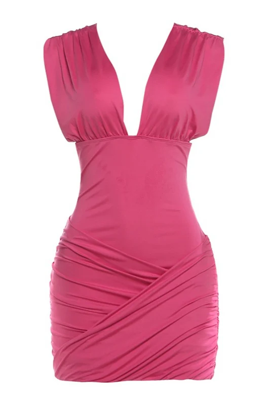 Solid Ruched Deep V Waist Cinch Sleeveless Mini Dress