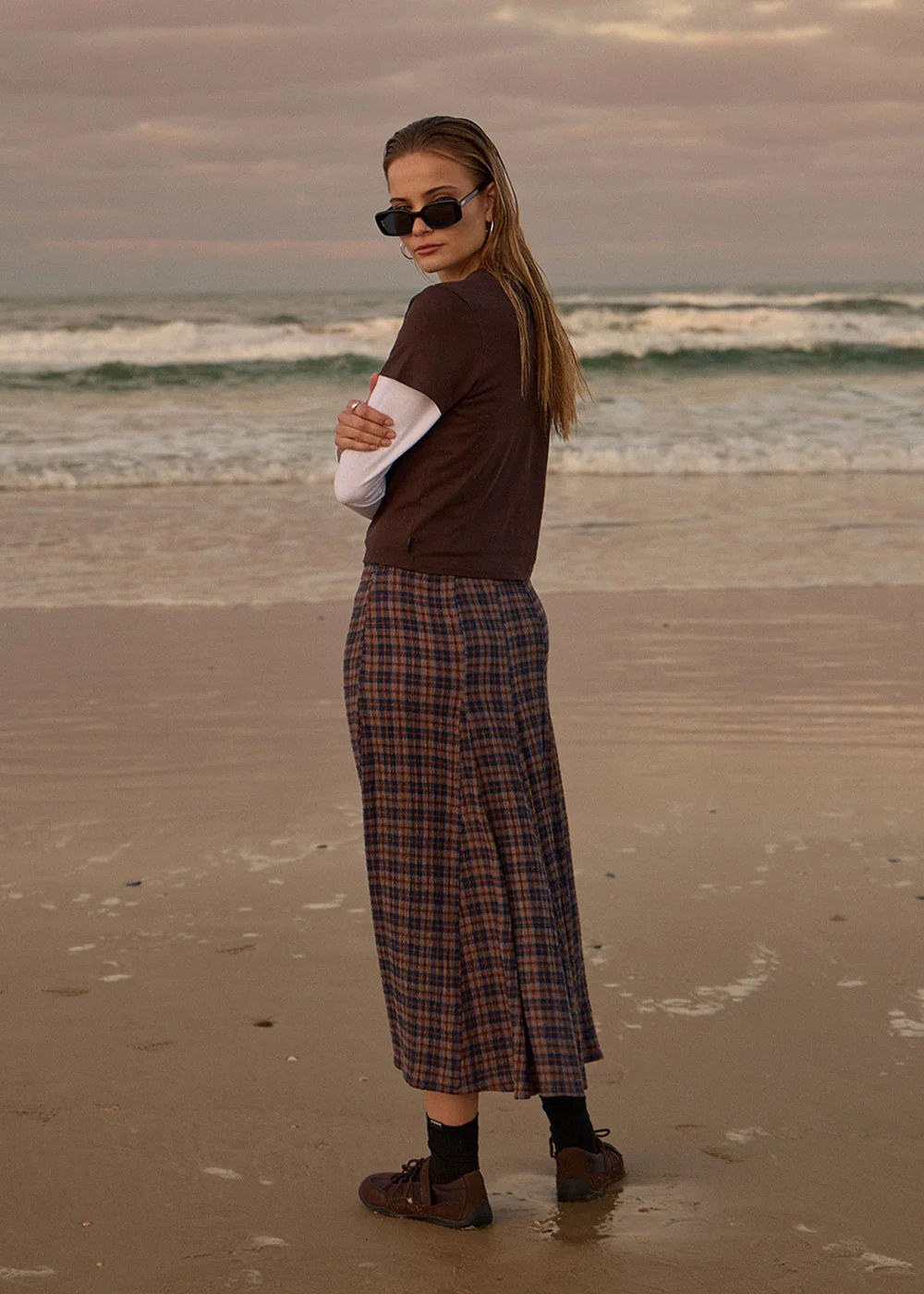 AFENDS Womens Lana - Seersucker Midi Skirt - Shev Indigo Check