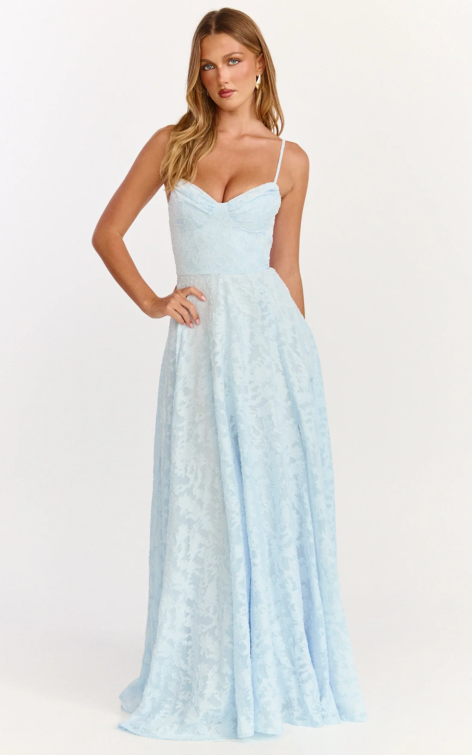 Rachel Maxi Dress - Sweetheart Neckline Jacquard Front Split Dress in Ice Blue