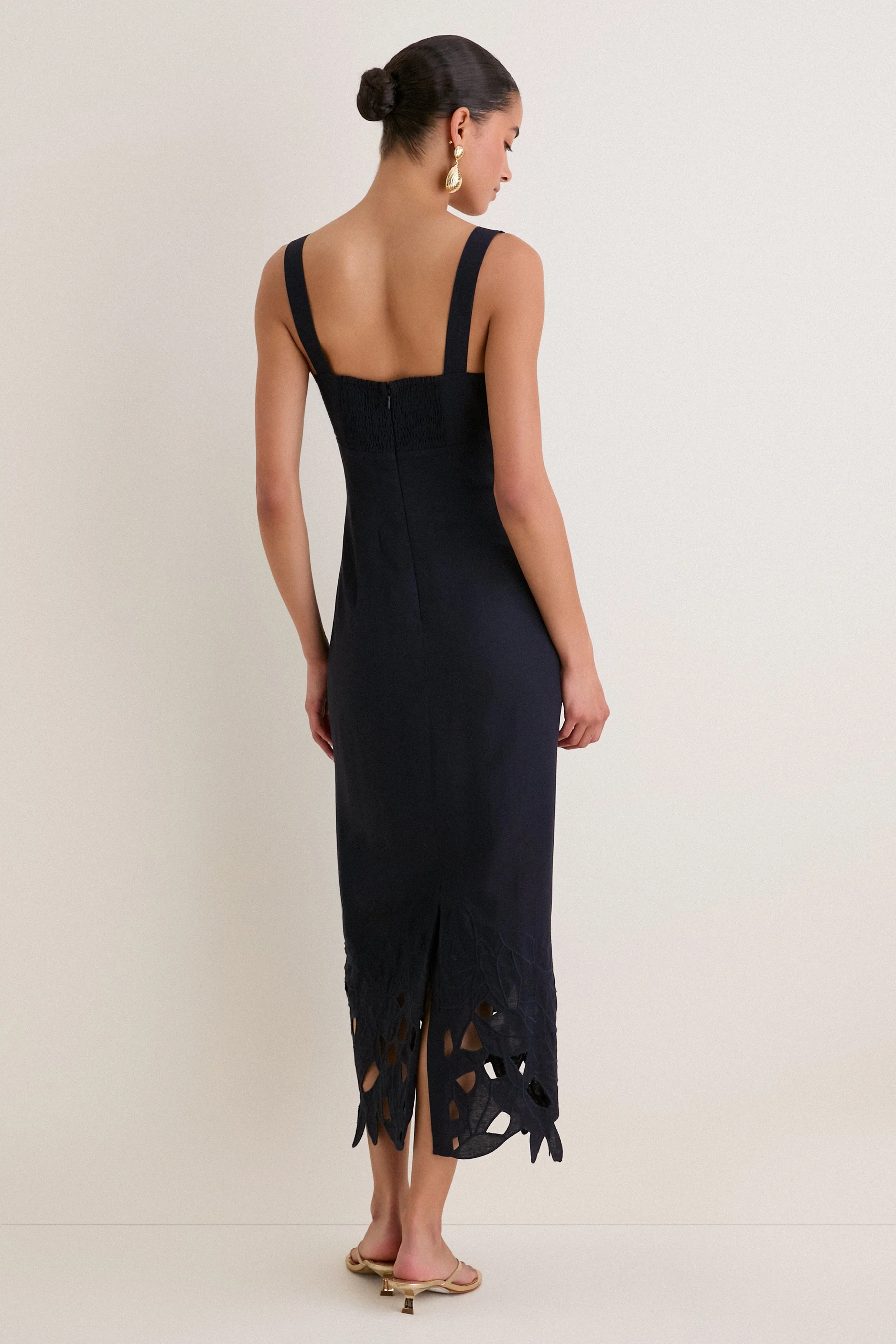 Navy Embroidered Linen Alma Midi Dress