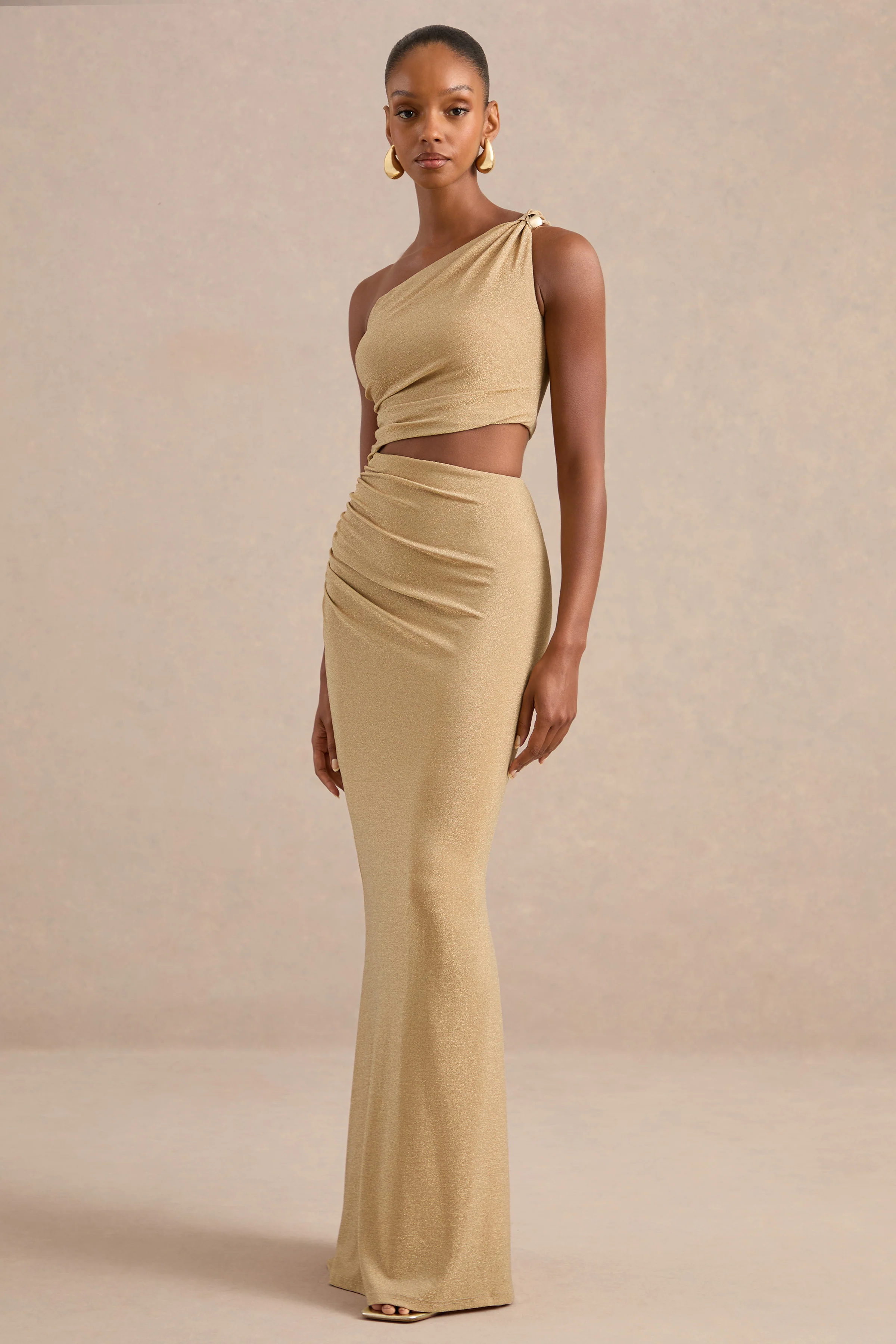 Andela | Gold Glitter Mesh One Shoulder Maxi Dress With Body Cut Out And Gold Trim
