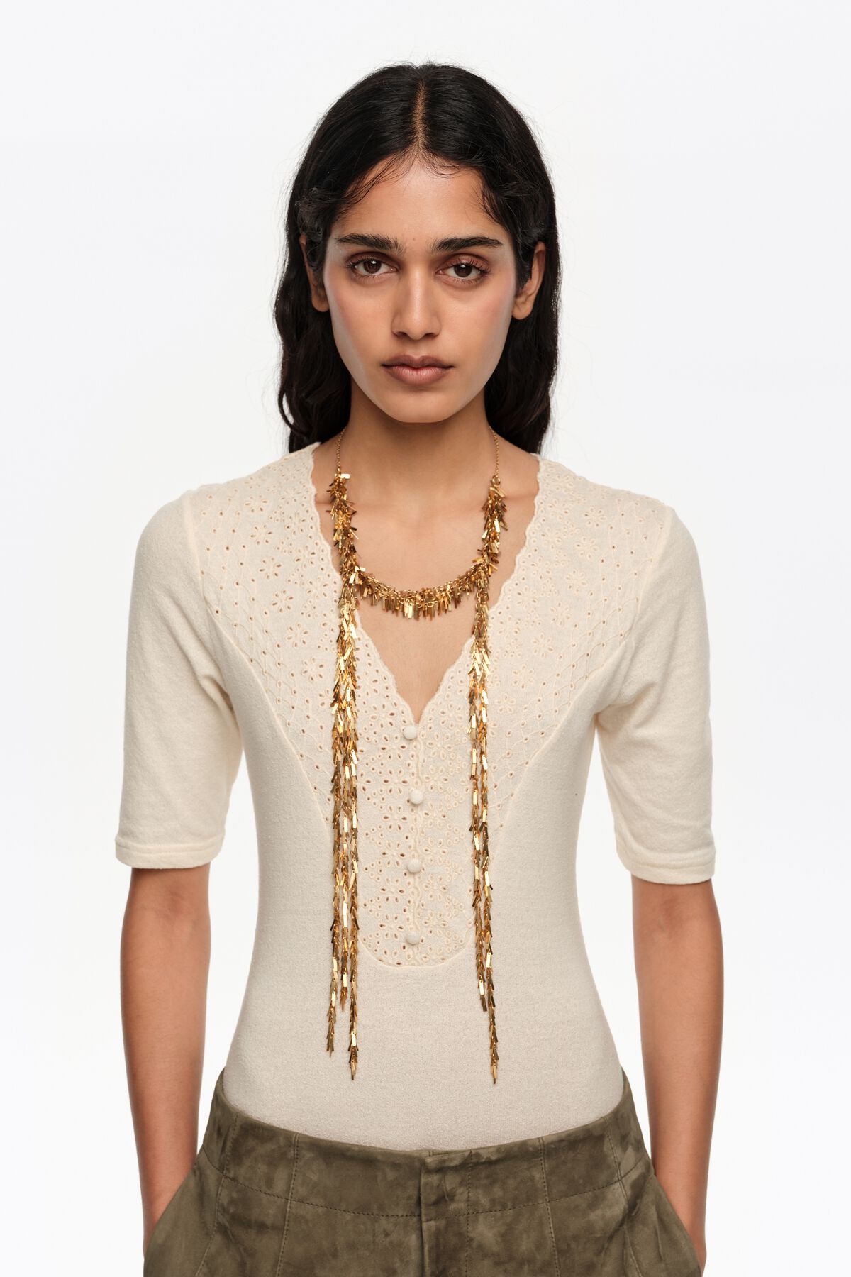 Aged gold metal chain necklace with fringe