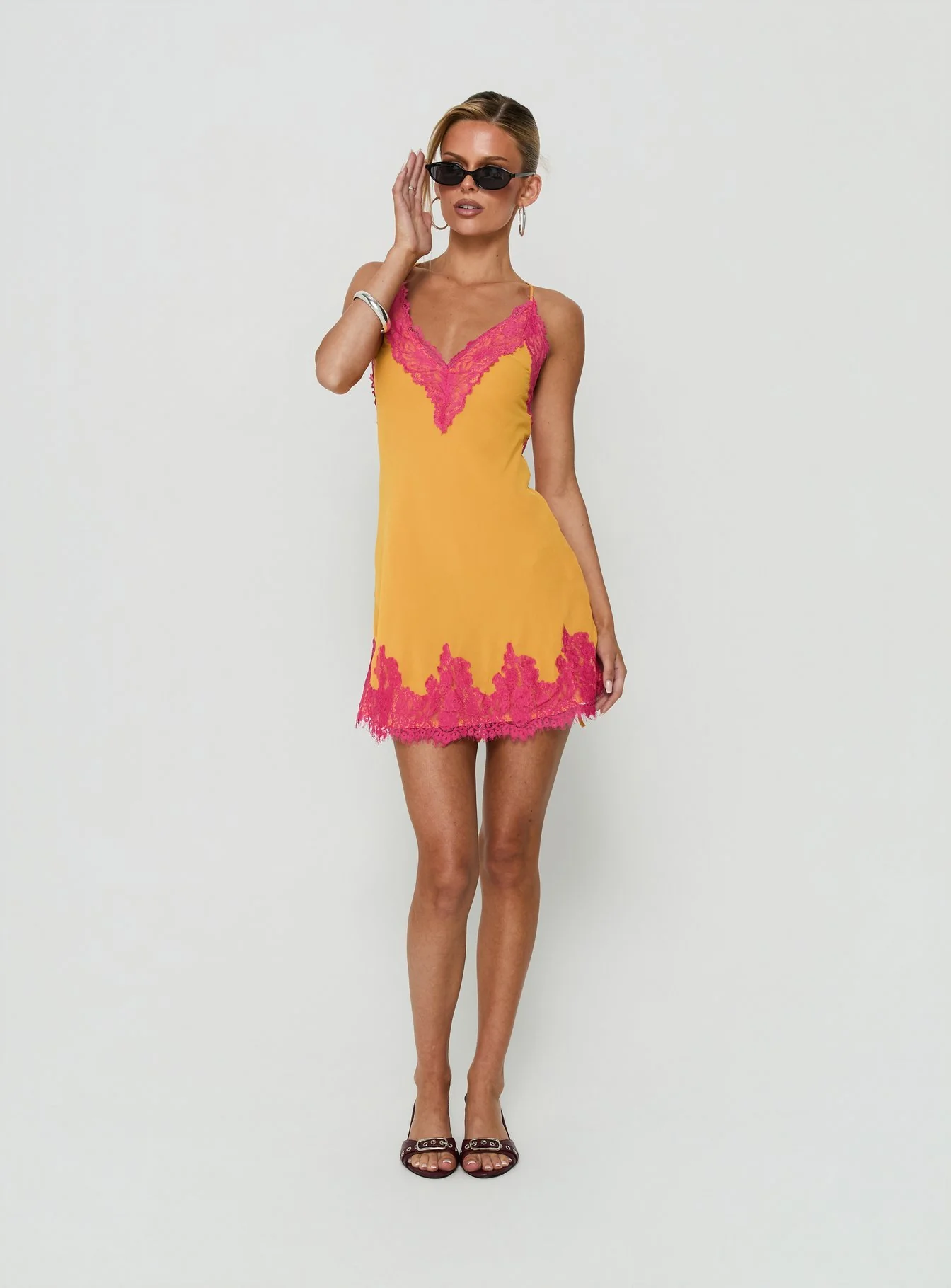 Call My Lover Lace Slip Mini Dress Gold / Fuchsia