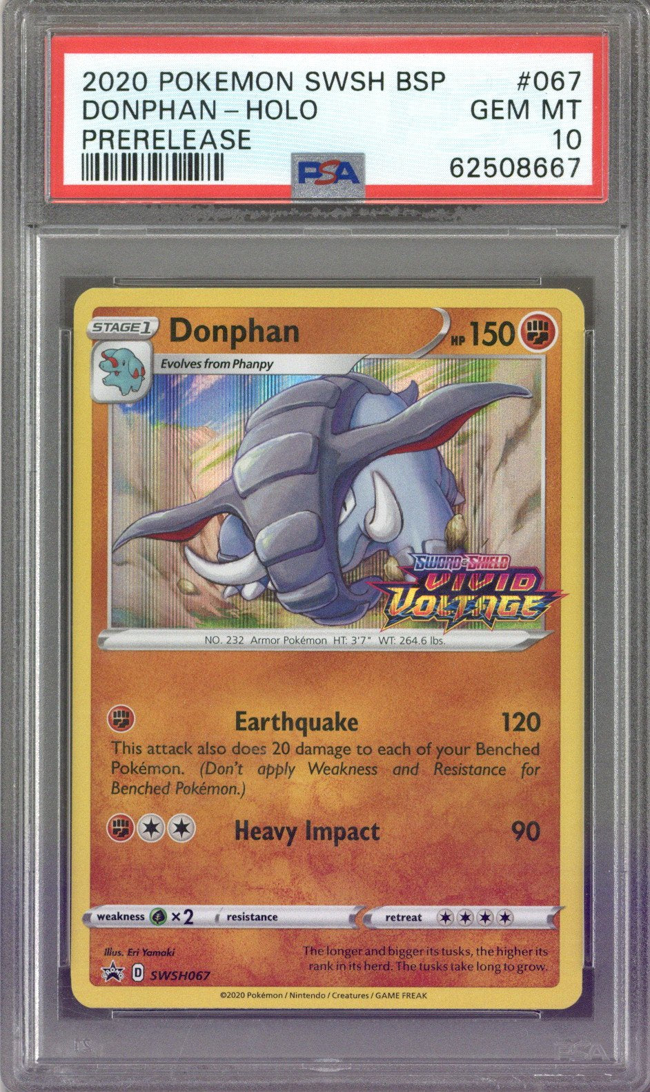 2020 POKEMON SWSH DONPHAN - HOLO PRERELEASE #067 PSA 10 - EU