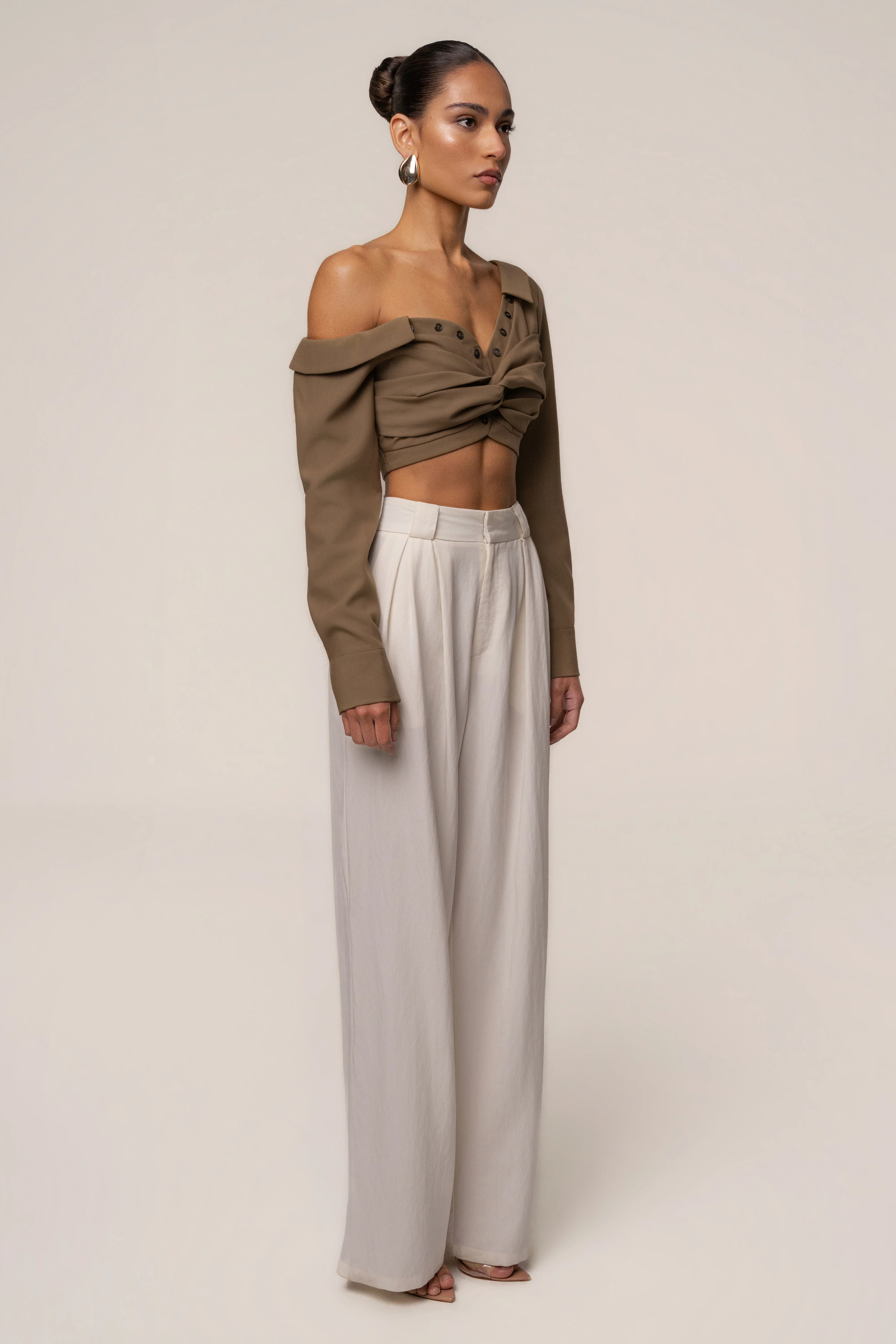 Olive Off-Shoulder Twist Crop Top