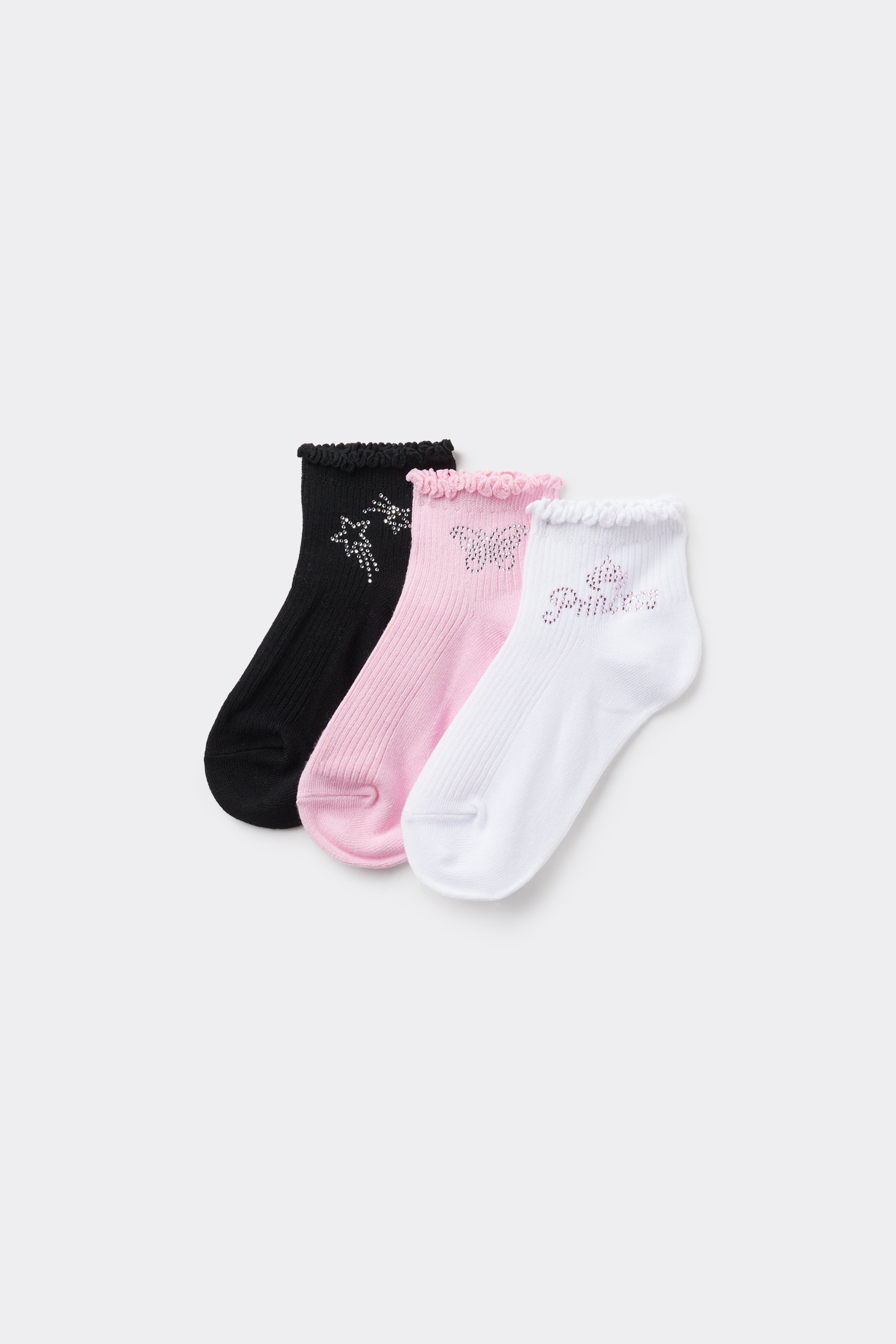 3 Pairs of Girls’ Short Patterned Cotton Sports Socks