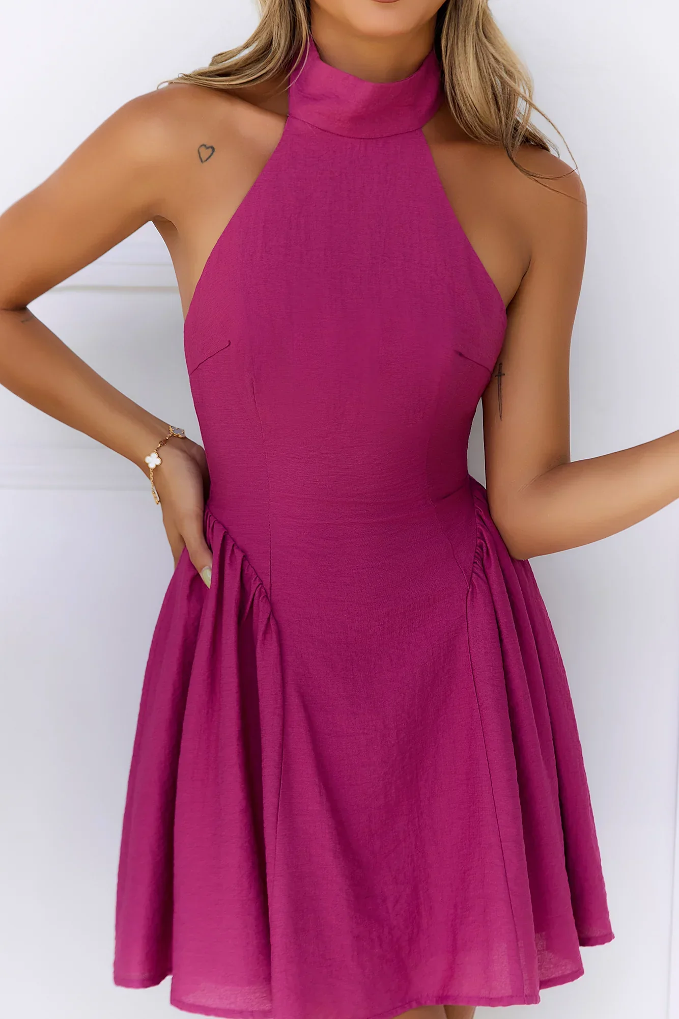 Sophisticated Vision Halter Mini Dress Berry