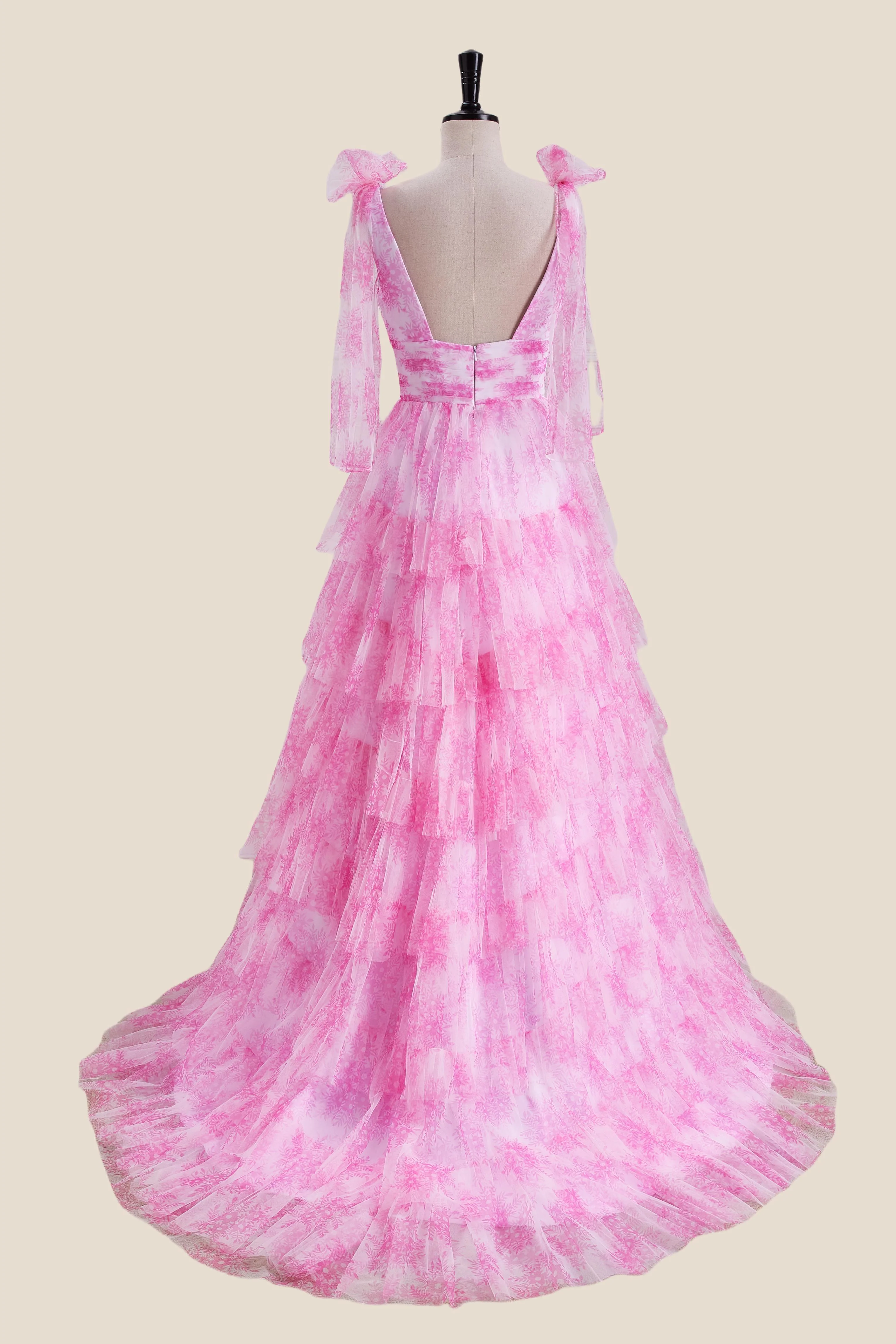Bow Tie Pink Floral Print Tiered Long Dress