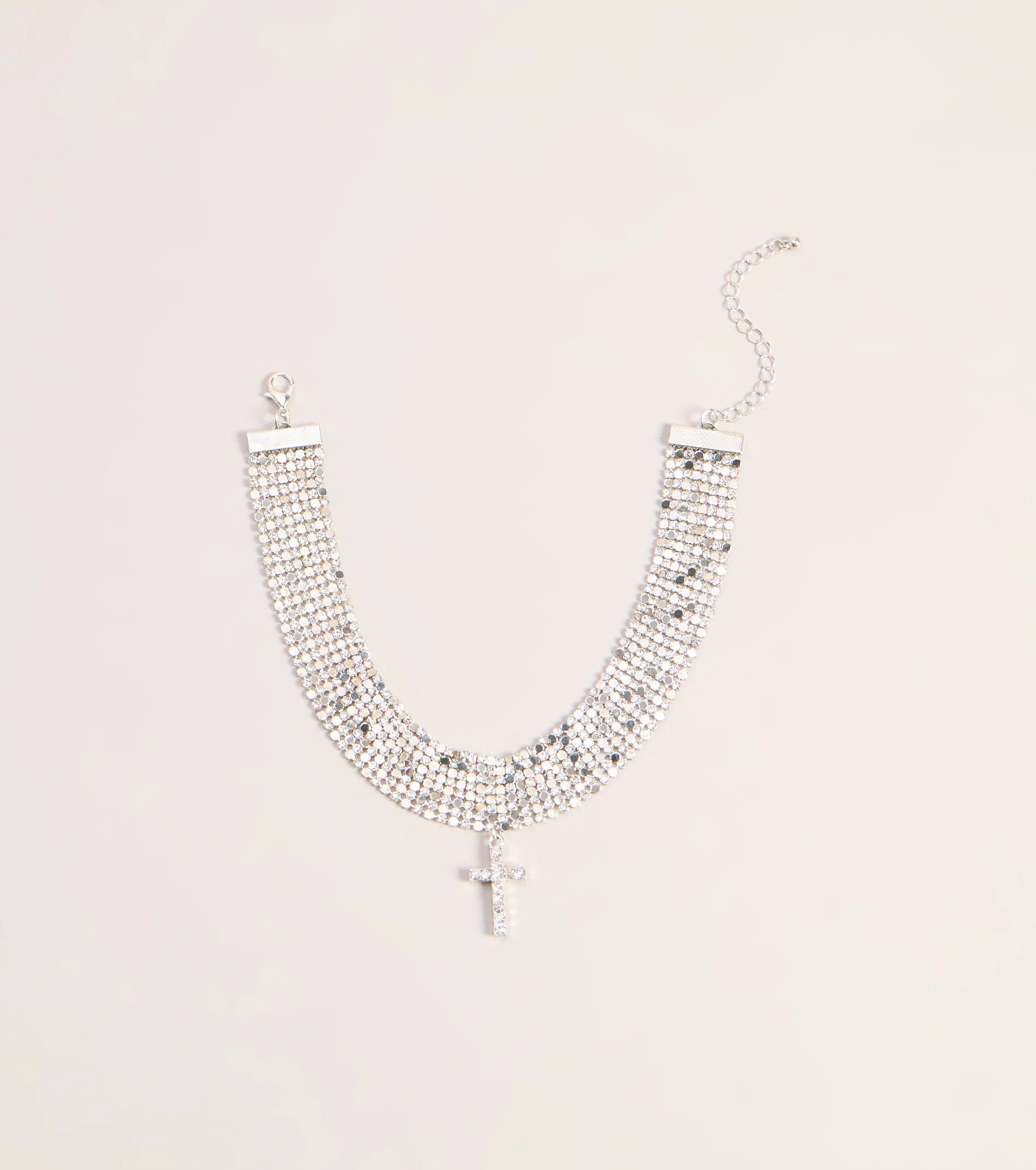 Glitzy Rhinestone Cross Chainmail Choker Necklace