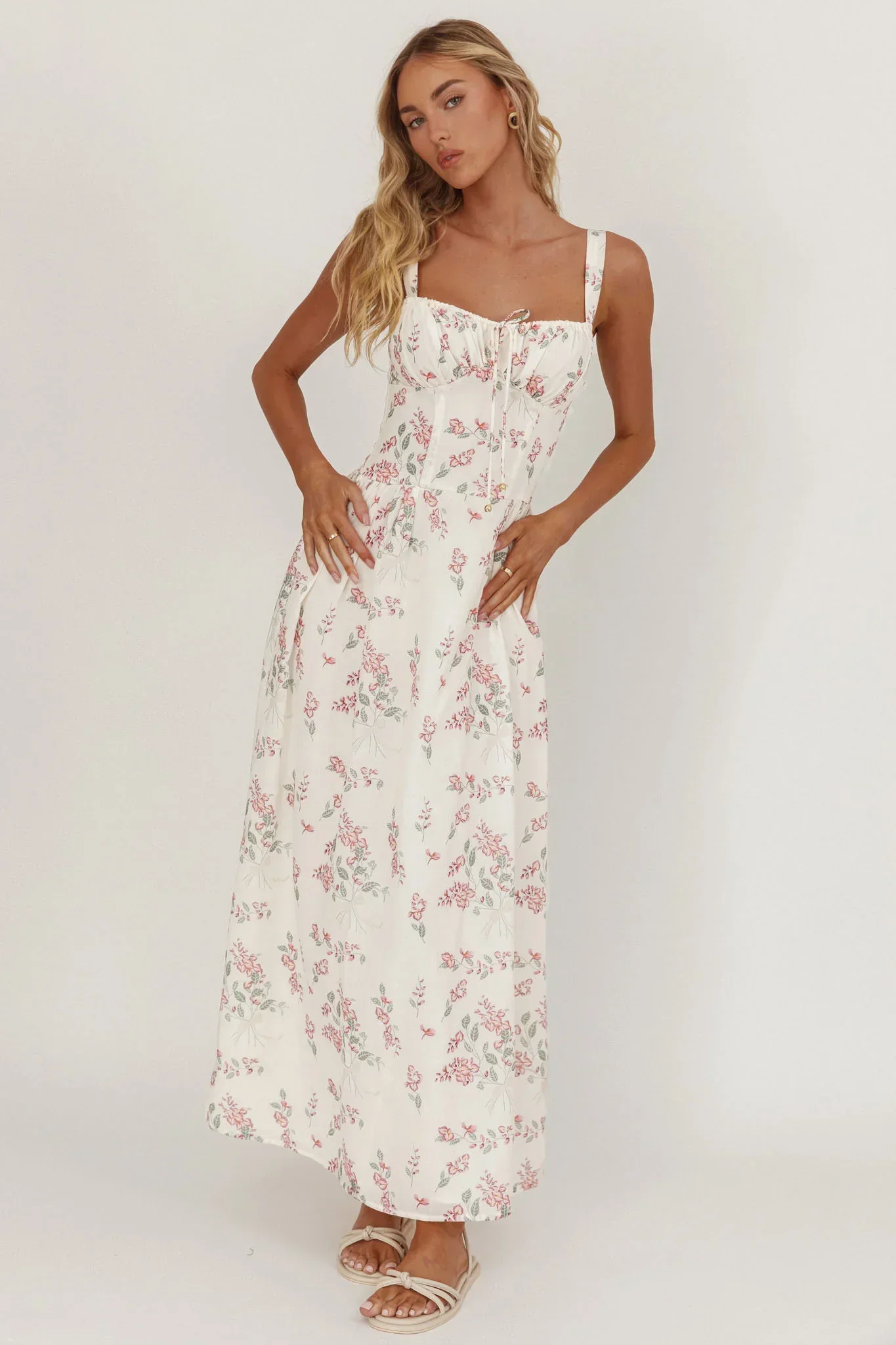 Seen The Light Tie Bust Maxi Dress Floral Cream/Pink