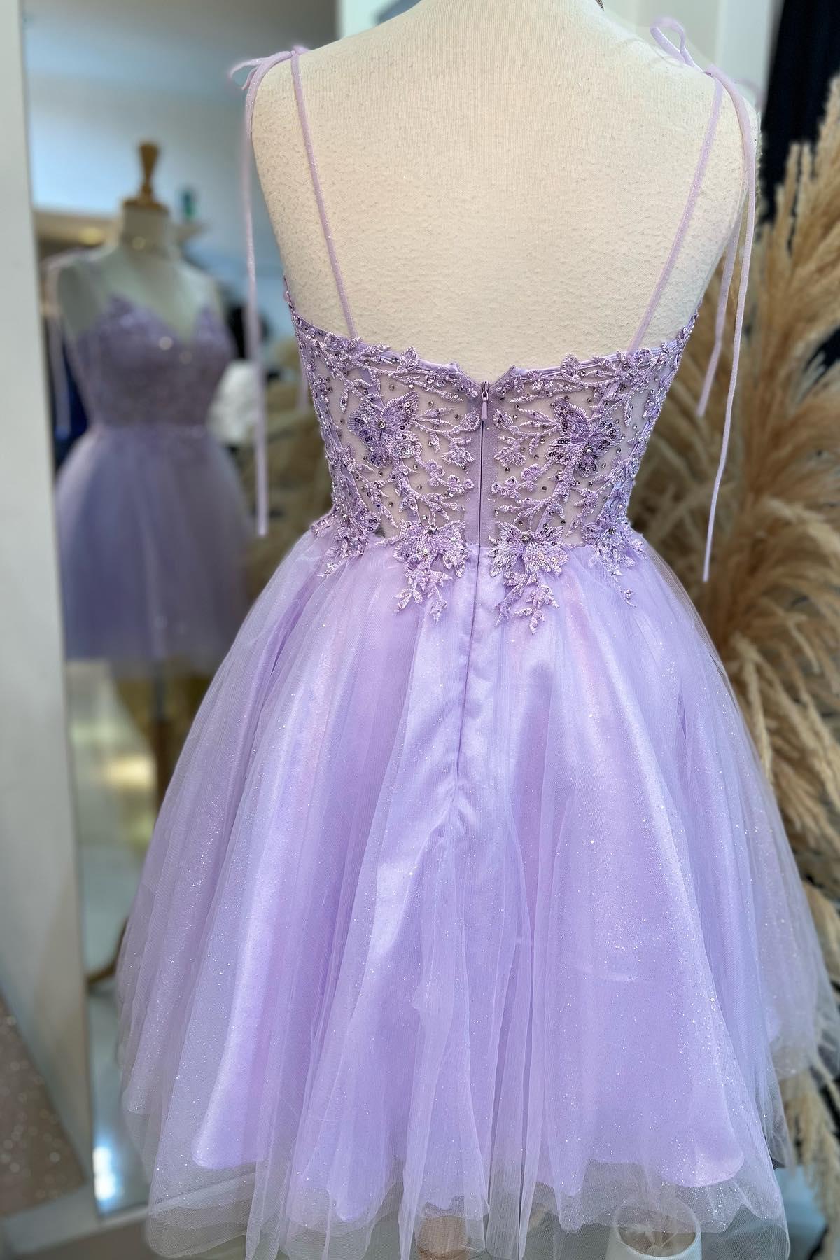 V-neck Lilac Appliques Sparkle Tulle Short Dress