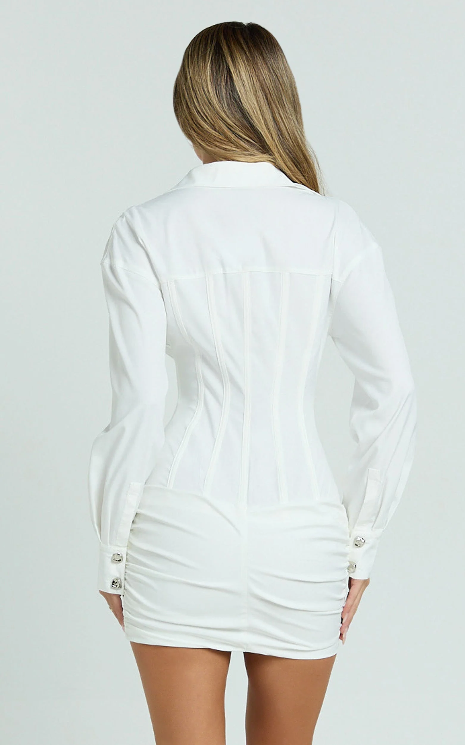 Rhylee Mini Dress - Collared Button Front Bodycon Shirt Dress in White
