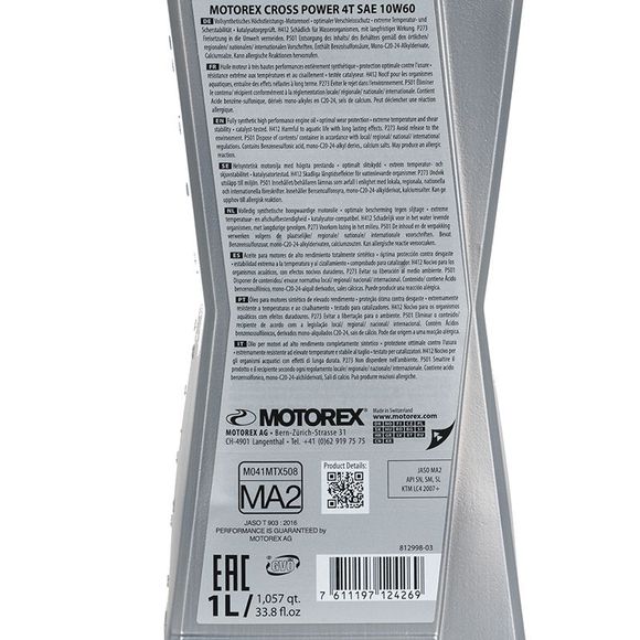 Huile moteur Motorex CROSS POWER 4T 10W60 1L UniverselRef : MX0013 / 3032282