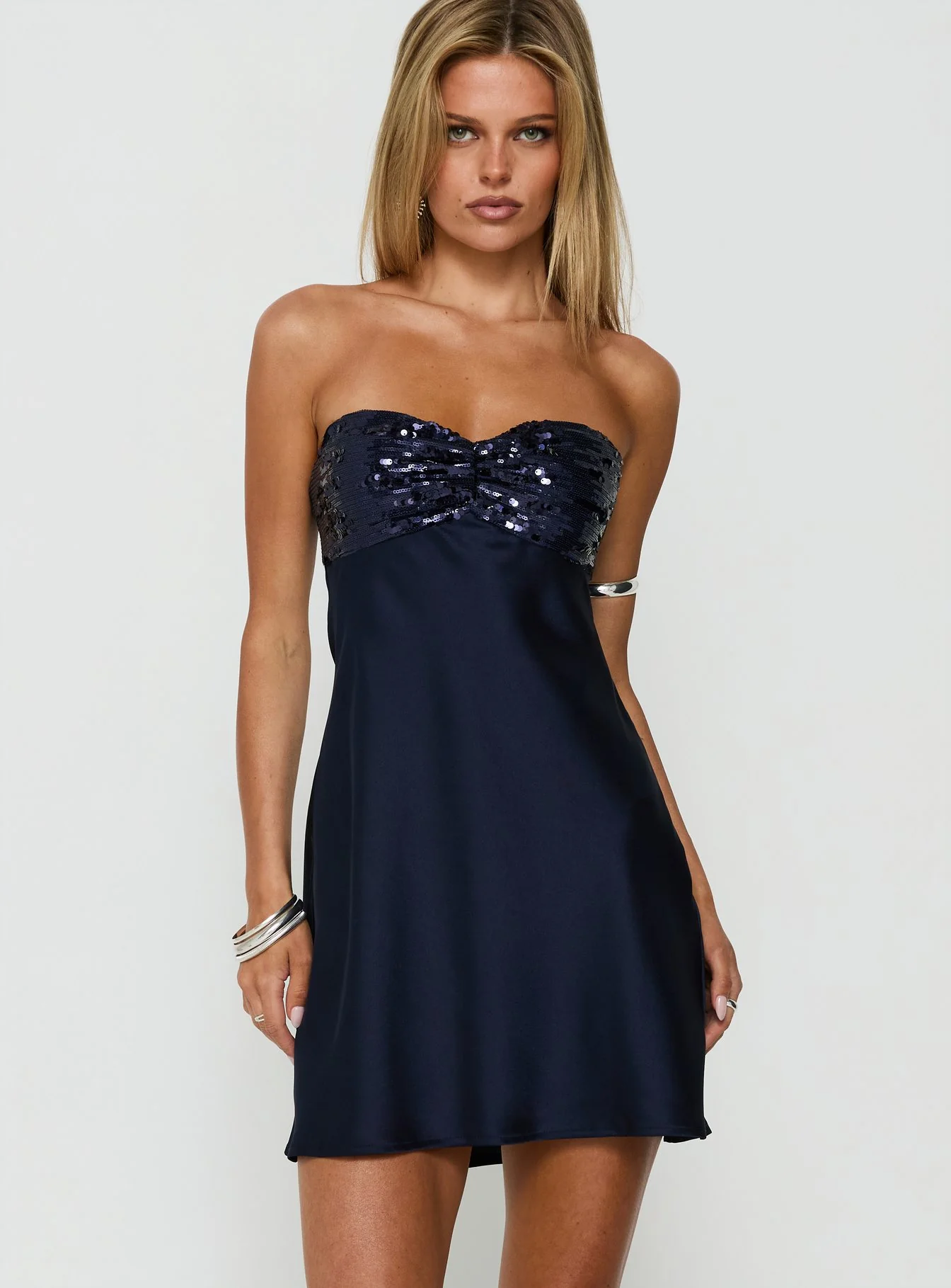 See The Vision Sequin Bust Strapless Mini Dress Navy